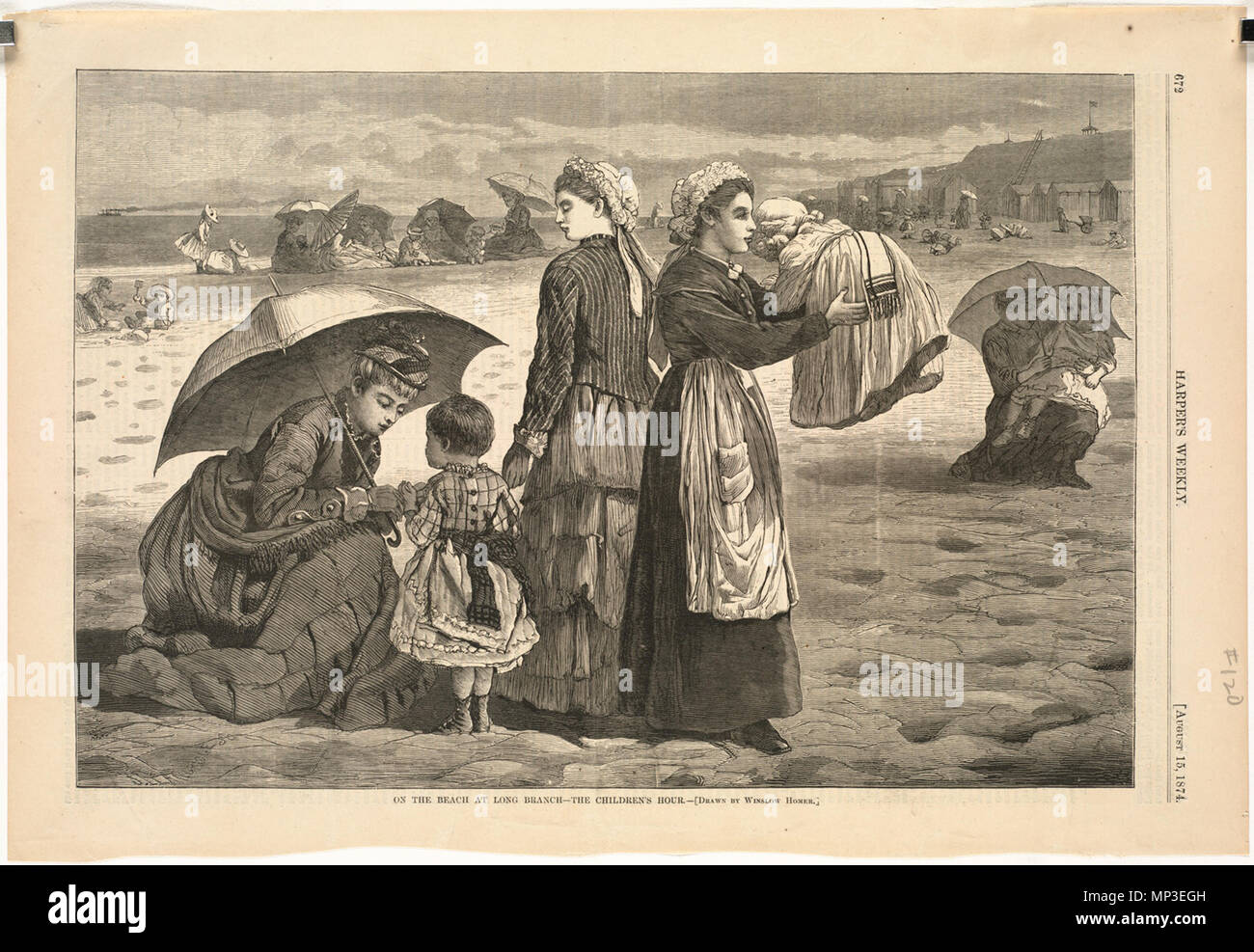 . Inglese: nome file: 10 09 000120 Titolo: sulla spiaggia a lungo ramo -- i bambini ora creatore/collaboratore: Omero, Winslow, 1836-1910 (artista) Data di pubblicazione: 1874-08-15 Descrizione fisica: 1 stampa : incisione su legno Genere: incisioni su legno; illustrazioni periodiche note: Pubblicato in: Harper's Weekly, Volume XVIII, 15 agosto 1874, p. 672.; disegnato da Winslow Homer.; Firmato in basso a sinistra: J. L. Langridge Sc. Collezione: Winslow Homer posizione raccolta: Boston Public Library, reparto di stampa diritti: No restrizioni note Flickr dati su 2011-08-11: Fotocamera: Sinar AG Sinarback 54 FW, Sinar m Ta Foto Stock