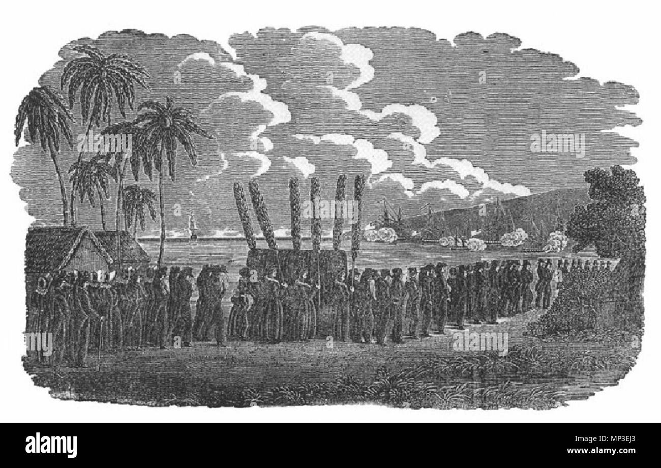 Inglese: il corteo funebre di Keōpūolani, Hawaii. . Inglese: una rappresentazione del corteo funebre della Regina Keōpūolani, morto nel 1823, in Lahaina, Maui, Hawaii. La regina era la più alta in classifica moglie del Re Kamehameha I. . Settembre 1823. 1214 Artista sconosciuto (dopo William Ellis), il corteo funebre di Keopuolani, Hawaii (1823) Foto Stock