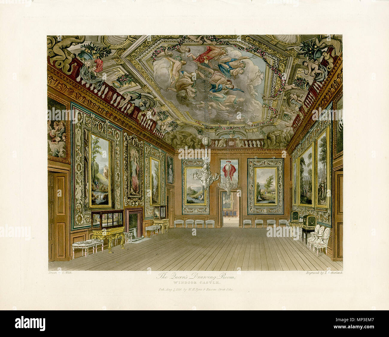 Regina della sala da disegno, il Castello di Windsor . Inglese: una vista della regina della sala da disegno al Castello di Windsor . 1 agosto 1816. 1035 Queen's Drawing Room, Castello di Windsor da Pyne Royal Residences, 1819 - panteek pyn12-122 Foto Stock