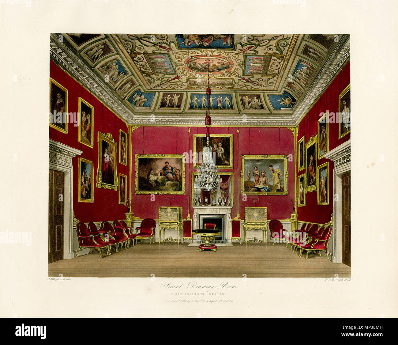 Seconda sala da disegno, Buckingham House . Inglese: una vista della seconda sala da disegno di Buckingham House, ricostruita come Buckingham Palace . 1 Giugno 1818. 1109 Seconda sala da disegno, Buckingham House, da Pyne Royal Residences, 1819 - panteek pyn66-342 Foto Stock