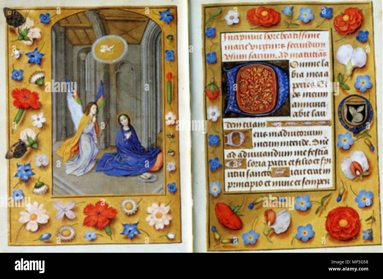 . Polski: Master del primo libro di preghiera di Massimiliano I, l'Annunciazione (Flos. 73v-74), 1475-1483, tempere e oro su pergamena. La British Library di Londra [Aggiungi. MS 54782] - Vedere di più: http://wtfarthistory.com/post/5189186895/playboy-bunny-in-a-christian-prayer-book#sthash.ME0Jv7aR.dpuf . 3 maggio 2011, 23:39:17. Master del primo libro di preghiera di Massimiliano 869 Master FPB Foto Stock