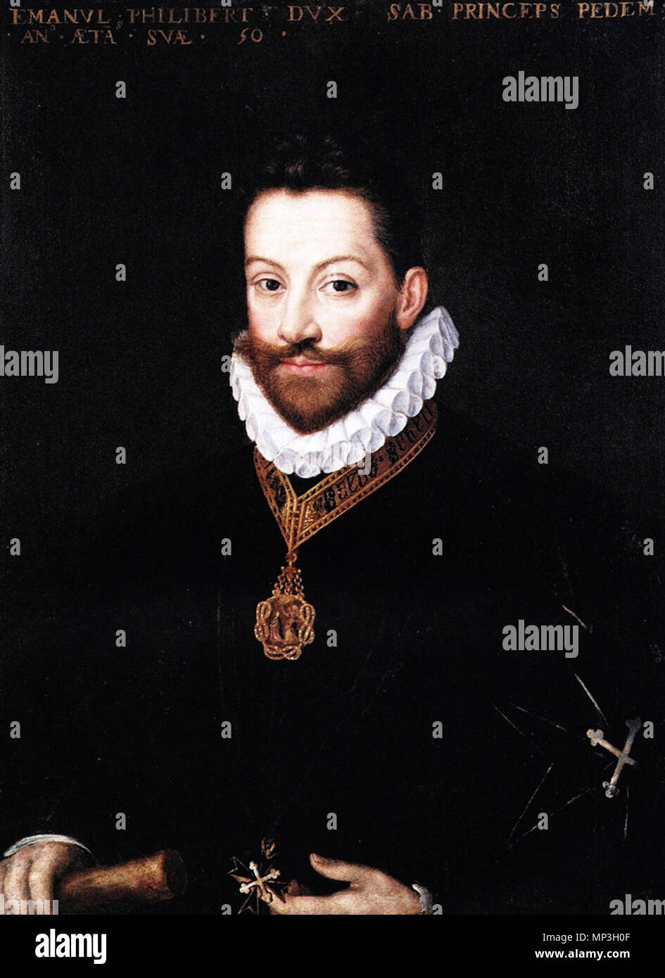 . Inglese: Ritratto del Principe di Piemonte Emanuele Filiberto di Savoia detto il ' testa di ferro ' .all età di cinquanta, 1579 Italiano: Ritratto del Principe di Piemonte Emanuele Filiberto di Savoia detto il "Testa di Ferro".al età di cinquant'anni, 1579 . Xv secolo. 1019 sconosciuto Ritratto di Emanuel Philiberto di Savoia Foto Stock