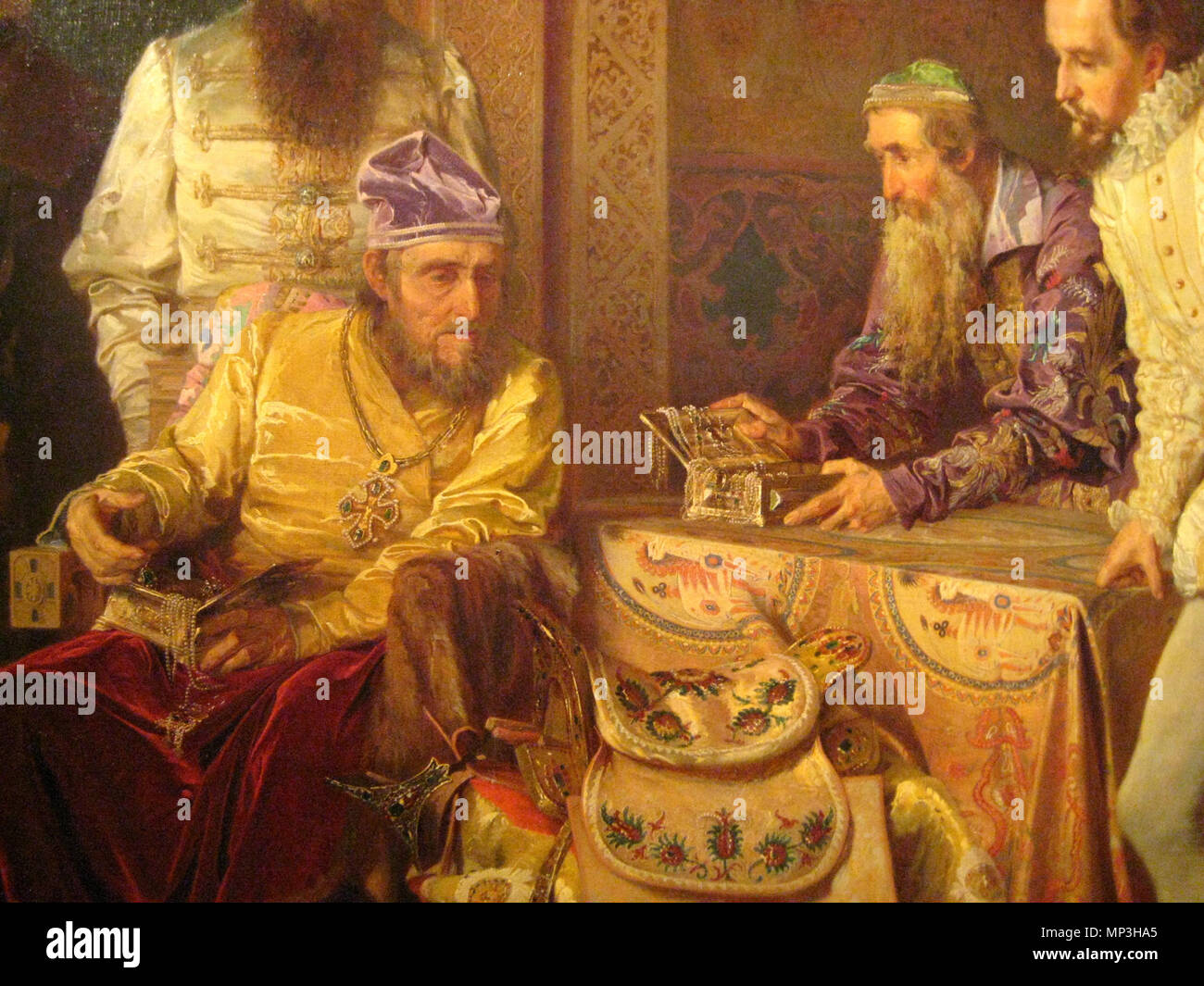 . Inglese: Ivan IV di Russia ("Ivan il Terribile") dimostra il suo tesoro di ambasciatore della regina Elisabetta I d'Inghilterra Français : Ivan le terribili montre ses trésors à l'Ambassadeur de la Reine Elizabeth I Latviešu: Ivans Bargais izrāda Kremļa dārgumus angļu vēstiniekam Horsijam. Русский: Иван Грозный показывает сокровища английскому послу Горсею. . 1875. Alexander Litovchenko (1835-1890) nomi alternativi Litovtchenko Alexander Descrizione pittore russo Data di nascita e morte 14 marzo 1835 (nel calendario giuliano) 16 giugno 1890 (nel calendario giuliano) Luogo di nascita e morte Кремен Foto Stock