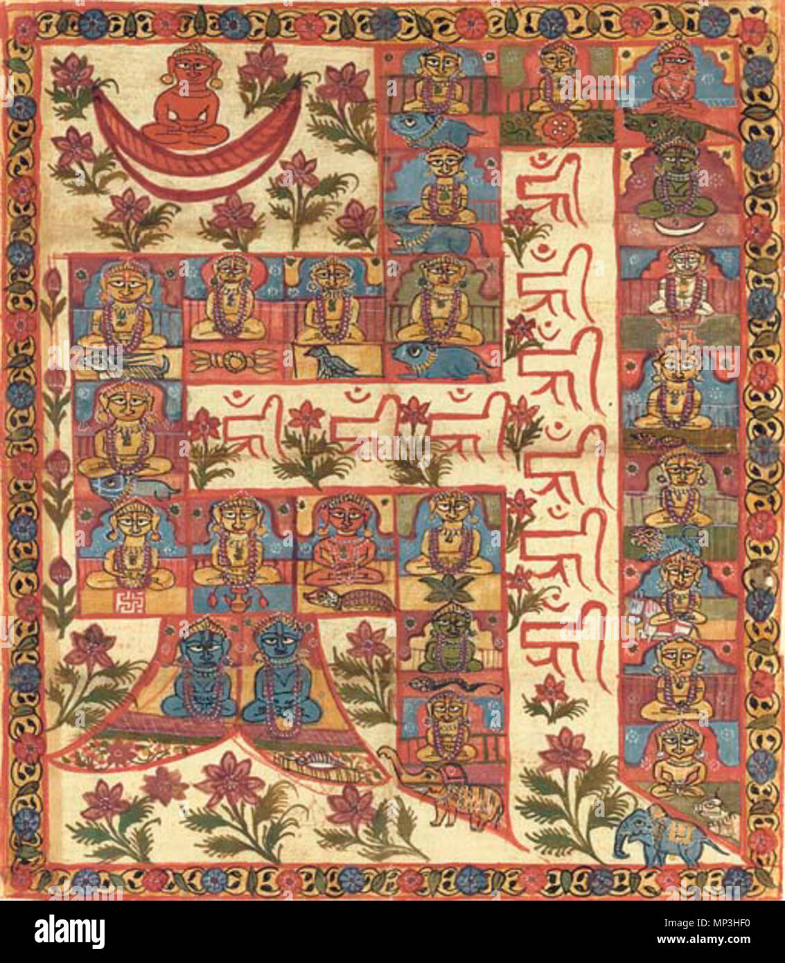 . Inglese: il 24 Tirthankaras formano il tantrico sillaba meditativo HRIM, Gujarat, 1800 Fonte: http://www.christies.com/LotFinder/search/LOTDETAIL.ASP?sid=&intObjectID=4346815&SE=CMWCAT03+351867+558317611+&QR=M+1+0+Aqc0000900+342363++Aqc0000900+&entry=india&SU=1&RQ=True&AN=42 scaricato (Agosto 2004) "UN Jain pittura su stoffa. India, Gujarat, xix secolo. Il 24 Jain tirthankaras lungo con loro cognizances disposte in nicchie rettangolari formando la sacra sillaba hrim che viene ripetuta al centro, uno Jina raffigurato nell'angolo in alto a sinistra seduto su una falce di luna; circondato da bordure floreali; Foto Stock