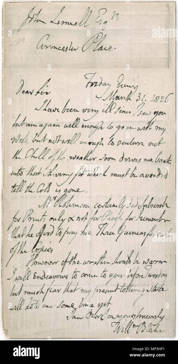 . Inglese: Lettera a John Linnell, 31 marzo 1826, oggetto 1 . 1 agosto 2011, 09:07:24. William Blake (1757-1827) nomi alternativi W. Blake; Uil'iam Bleik Descrizione British pittore, poeta, scrittore, teologo, collezionista e incisore, Data di nascita e morte 28 novembre 1757 12 agosto 1827 Luogo di nascita e morte Broadwick Street Charing Cross sede di lavoro London Authority control : Q41513 VIAF: 54144439 ISNI: 0000 0001 2096 135X ULAN: 500012489 LCCN: N78095331 NLA: 35019221 WorldCat questa è una fedele riproduzione fotografica di un bidimensionale, il dominio pubblico opera d'arte. Il Foto Stock