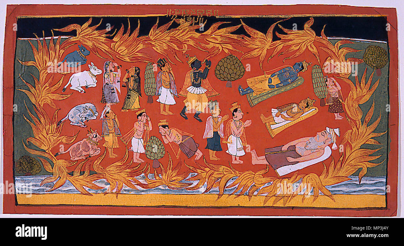 . Inglese: Titolo serie: il testo antico del Signore Nome Suite: Bhagavata Purana Data di creazione: ca. 1720 Dimensioni display: 7 7/32 in. x 13 15/32 in. (18,3 cm x 34,2 cm) Linea di credito: Edwin Binney terza raccolta numero di adesione: 1990.968 Collezione: <a href='http://www.sdmart.org/art/our-collection/asian-art' rel="nofollow">Il San Diego Museum of Art</a> . Il 6 settembre 2011, 14:07:41. Inglese: thesandiegomuseumofartcollection 776 Krishna rondini il forest fire (6125058552) Foto Stock