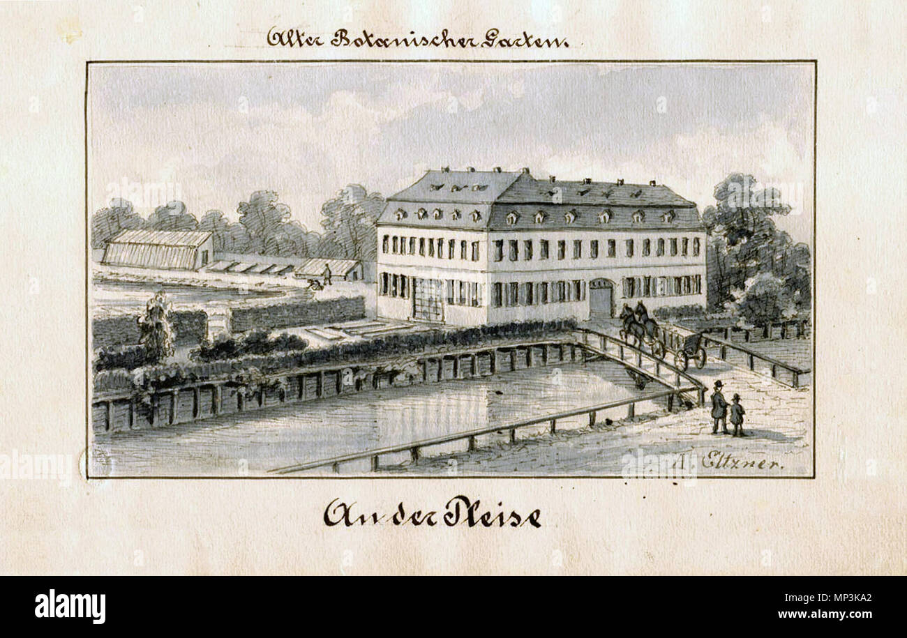 . Deutsch: An der Pleise. Alter Botanischer Garten. Gebäude des instituts Trierschen im ehemaligen Botanischen Garten Leipzig auf dem Gelände des heutigen Reichsgerichtsgebäudes, lavierte Federzeichnung von Adolf Eltzner, um 1860 . nel 1860 circa. Adolf Eltzner (1816-1891) 1204 Triersches Institut im Botanischen Garten Foto Stock