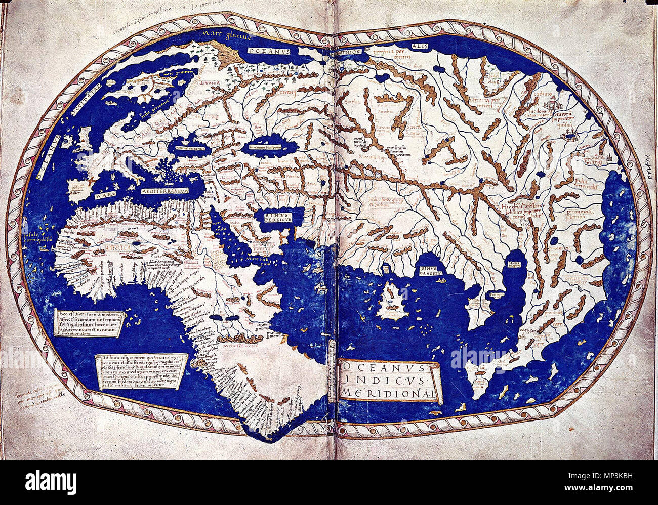 . Inglese: la mappa del mondo di 'Henricus Martellus Germano" (Heinrich Hammer il tedesco), Firenze, c. 1489. La prima mappa con la coda di drago. Si tratta di una miscela di Tolomeo, recenti scoperte portoghese e fonti sconosciute. Visualizza il Capo di Buona Speranza, arrotondata da Bartolomeo Dias nel 1488. Deutsch: Weltkarte des de:Henricus Martellus Germano . circa 1489. Tolomeo (Κλαύδιος Πτολεμαῖος, Claudius Ptolemaeus) 864 Martellus World-Map Foto Stock