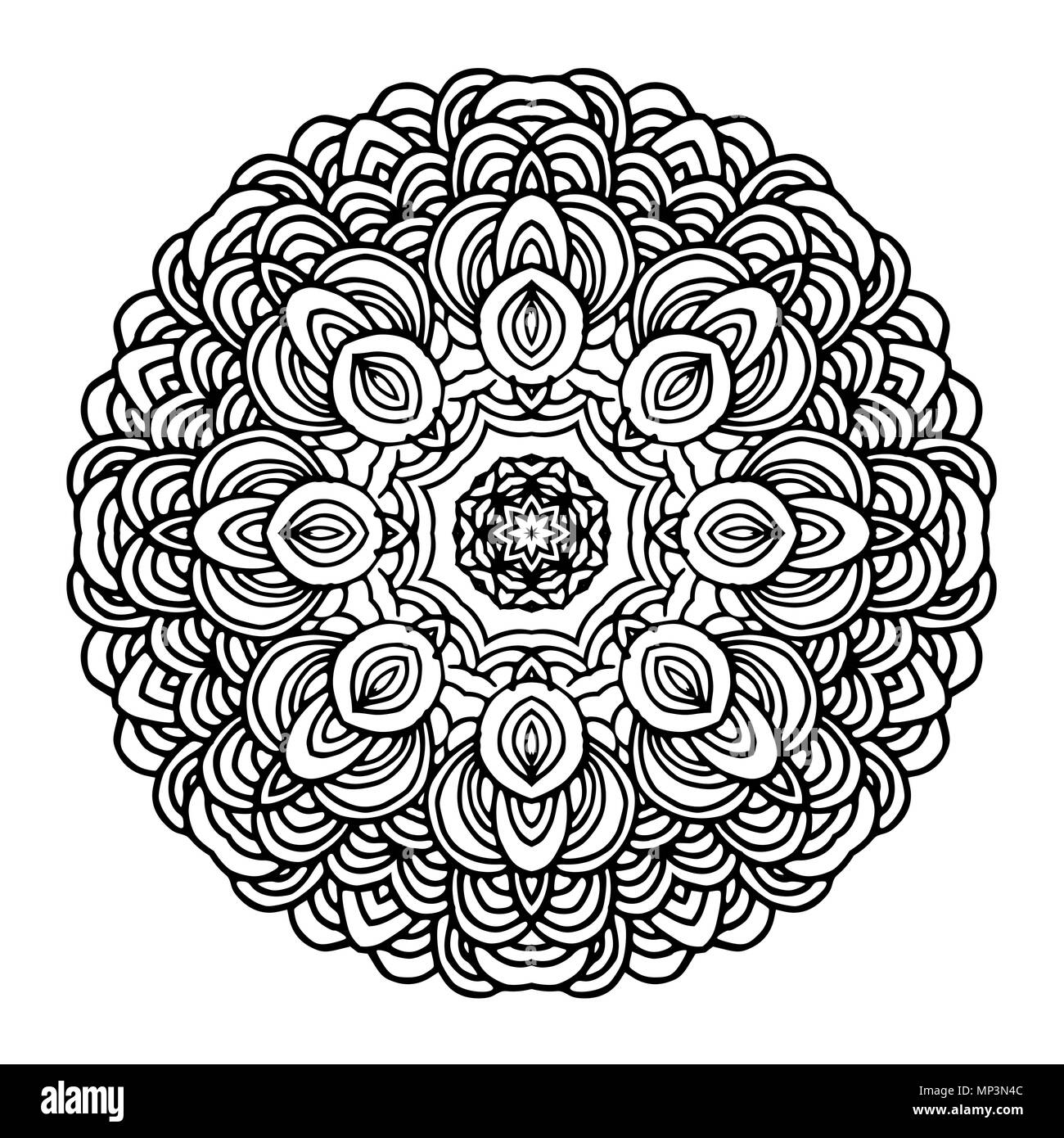 Disegnato a mano modello mandala per la progettazione. Cerchio geometrico motif per la progettazione, i biglietti di invito ed elementi per il simbolo di yoga ecc. Illustrazione Vettoriale