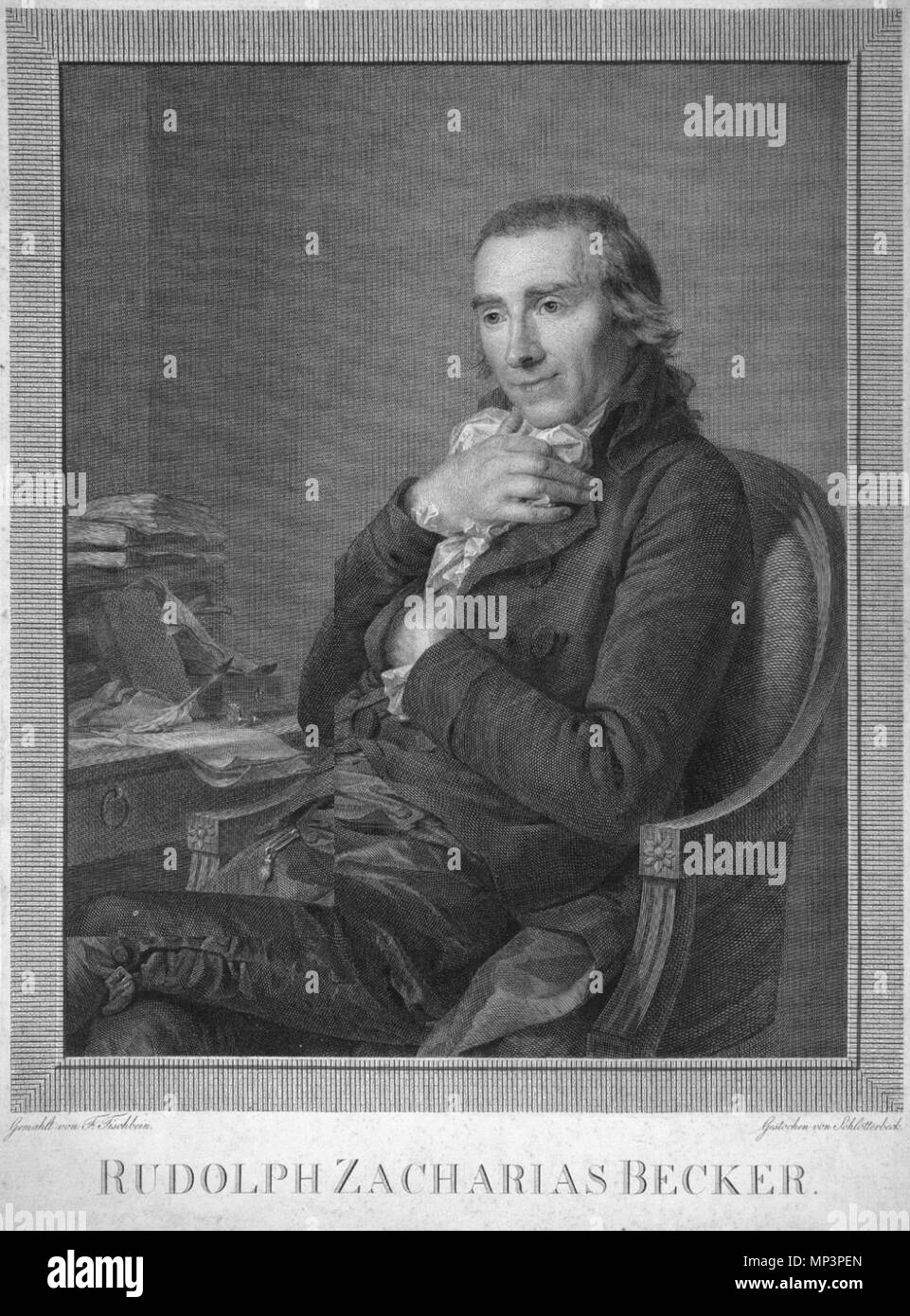 Rudolph Zacharias Becker (1752 - 1852), scrittore tedesco e l'editore nel Gotha . Inglese: Rudolph Zacharias Becker (1752 - 1852), scrittore tedesco e editore di Gotha e incisione incisione 32,6 x 24,3 cm . 1799. Christian Jakob Schlotterbeck (1757 - 1811) Dopo Johann Friedrich August Tischbein (1750-1812) nomi alternativi Friedrich Jan August Tischbein Jan Frederik August Tischbein Friedrich Tischbein pseudonimo: Leipziger Tischbein Descrizione pittore tedesco e docente universitario Data di nascita e morte 9 Marzo 1750 21 Giugno 1812 Luogo di nascita e morte Maastricht Heidelberg wor Foto Stock