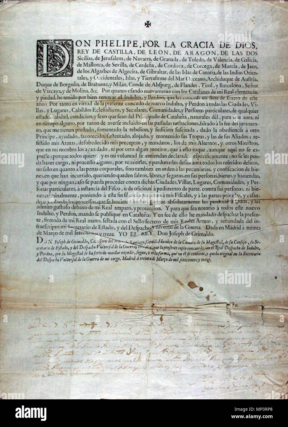 . Español: Jordon generale de Felipe V a los catalanes 30 marzo 1713 . Il 29 marzo 2012. Felipe V, 1713 972 Jordon generale de Felipe V a los catalanes 30 marzo 1713 Foto Stock