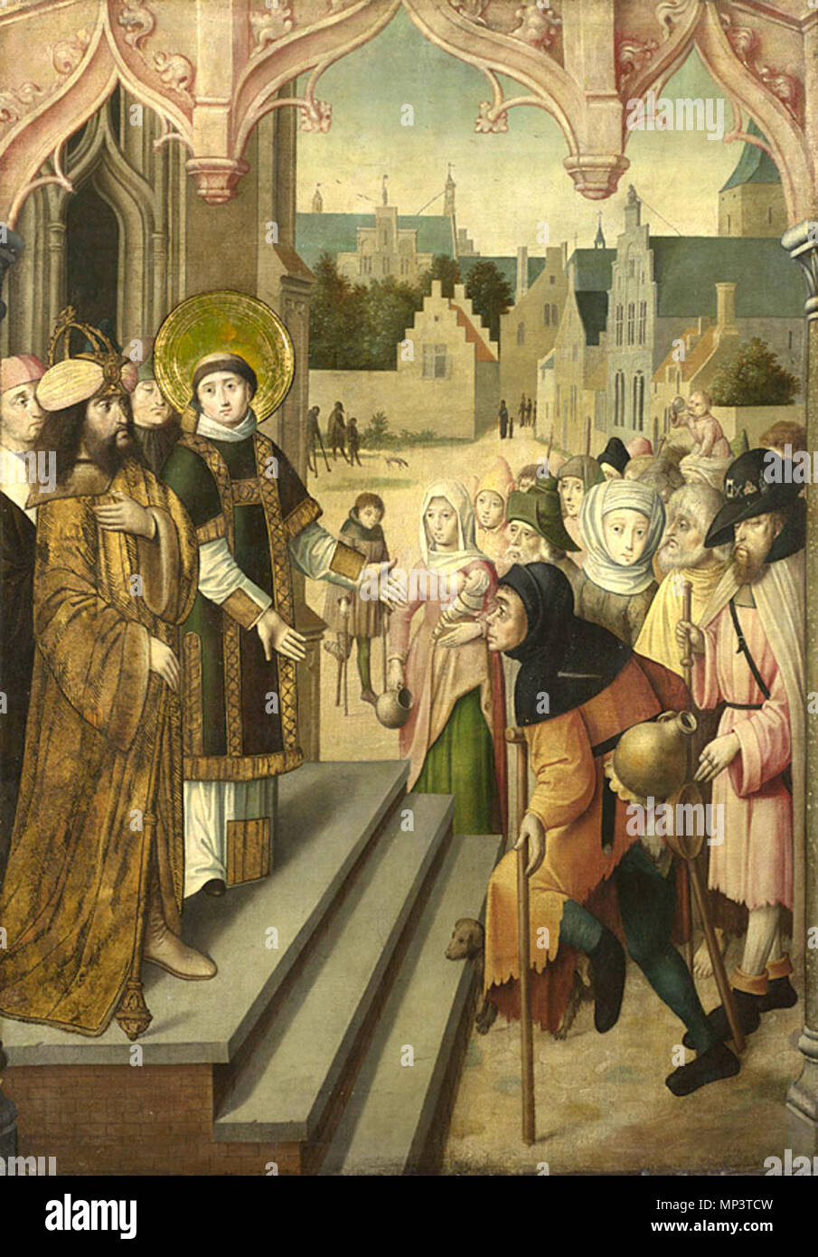 Cerchio del Maestro di Santa Ursula legenda (Colonia), attivo fine XV/inizio del XVI secolo San Lorenzo che mostra il prefetto i tesori della Chiesa circa 1510 olio su tela, 130,2 x 92,7 cm presentato da Sir Henry Howorth, attraverso il fondo d'arte, in memoria di Lady Howorth, 1922. NG3665 http://www.nationalgallery.org.uk/paintings/NG3665 Saint Lawrence che mostra il prefetto i tesori della Chiesa 879 Maître de La légende de Sainte Ursule Cycle de Saint Laurent 4. Laurent montre au prefetto les trésors de l'église Foto Stock