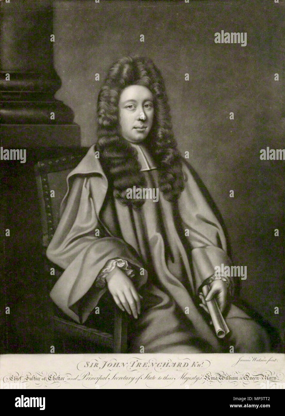 Da James Watson, dopo un artista sconosciuto, mezzatinta, circa 1760-1790 . Inglese: Sir John Trenchard (1640-1695) . Il XVIII secolo. Incisione di James Watson, dopo l'artista sconosciuto[1] 1126 SirJohnTrenchard Foto Stock
