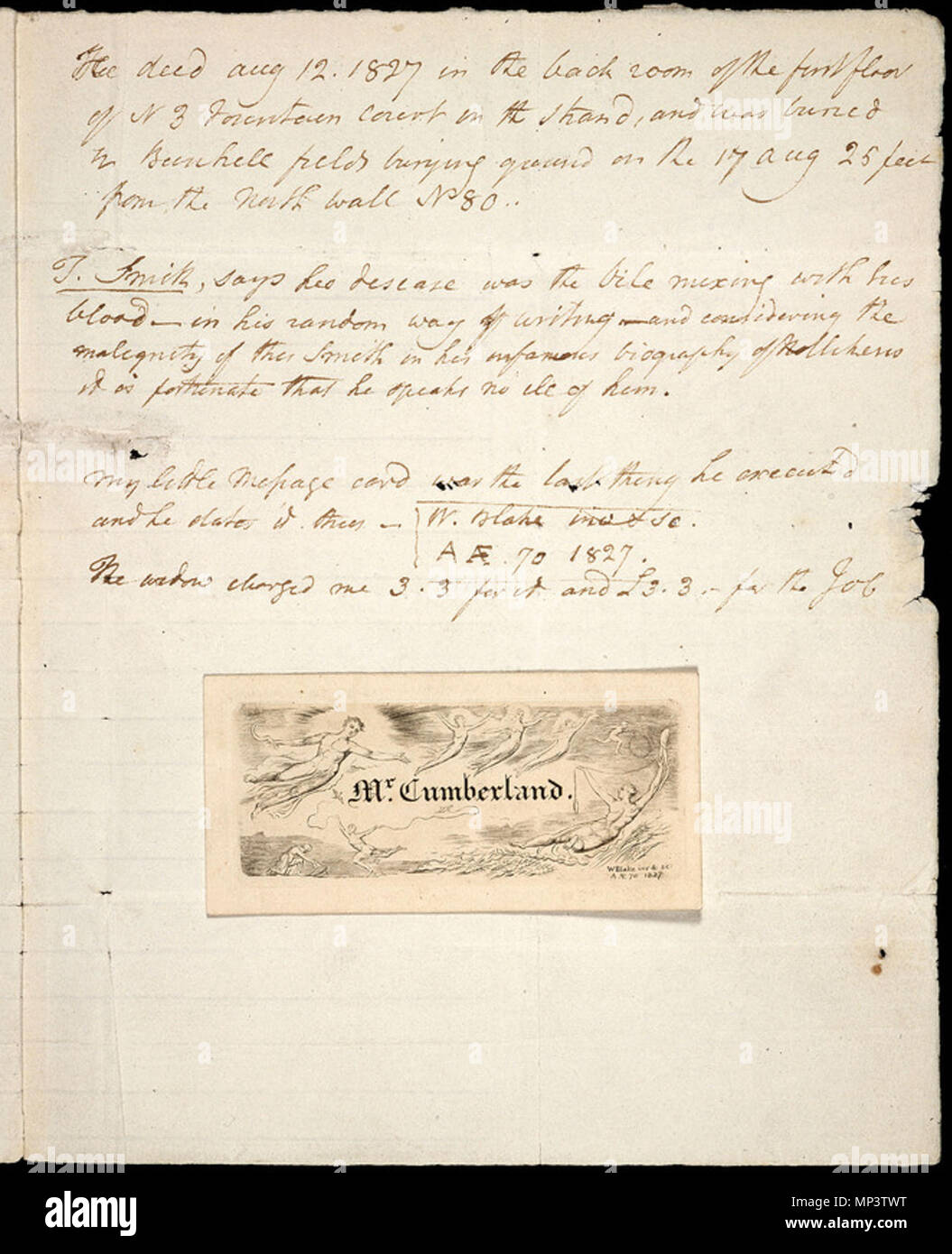 . Inglese: Lettera a George Cumberland, 12 aprile 1827, oggetto 4 note da Cumberland . Il 10 Febbraio 2005 08:48:46. William Blake (1757-1827) nomi alternativi W. Blake; Uil'iam Bleik Descrizione British pittore, poeta, scrittore, teologo, collezionista e incisore, Data di nascita e morte 28 novembre 1757 12 agosto 1827 Luogo di nascita e morte Broadwick Street Charing Cross sede di lavoro London Authority control : Q41513 VIAF: 54144439 ISNI: 0000 0001 2096 135X ULAN: 500012489 LCCN: N78095331 NLA: 35019221 WorldCat Il William Blake Posizione archivio collezione digitale ospitato su Foto Stock