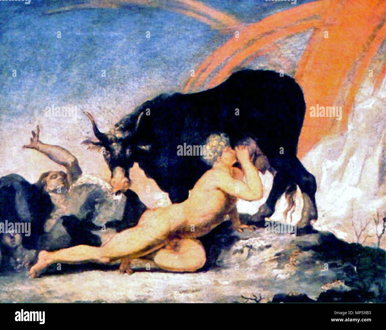 . Inglese: la creazione mito secondo la mitologia germanica: Ymir, il primo gigante, suckles a mammelle di Auðumbla, che lambisce Búri, il padre degli dèi, dal ghiaccio. Pittura (1790) di Nicolai Abildgaard Abramo . 1790. Gemalde: Nicolai Abildgaard Abramo (1743-1809) 1278 Ymir Foto Stock