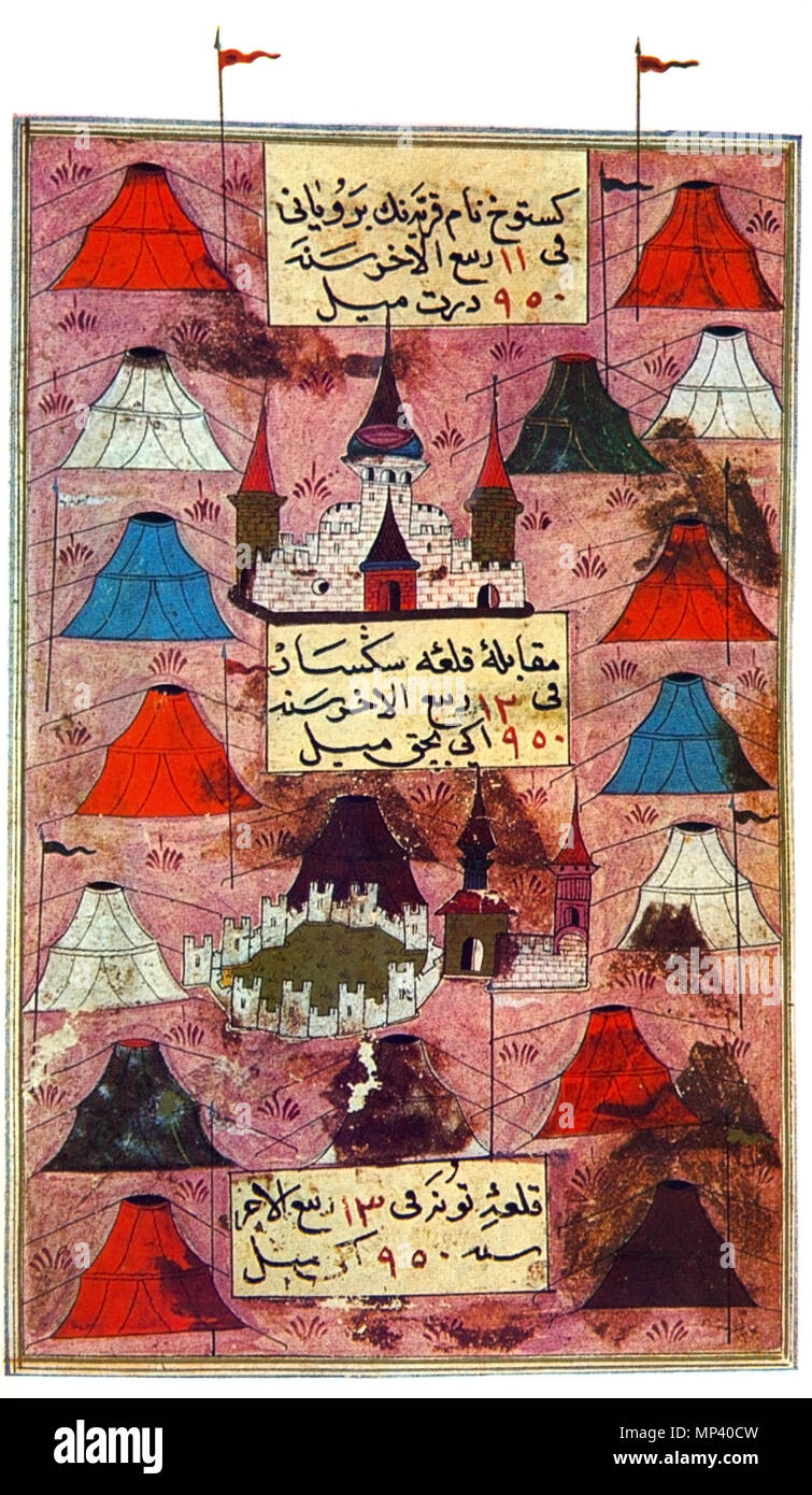 Campagna turca in Ungheria 1543 con i nomi dei luoghi e delle date del XVI secolo. 1208 campagna turca in Ungheria 1543 Foto Stock