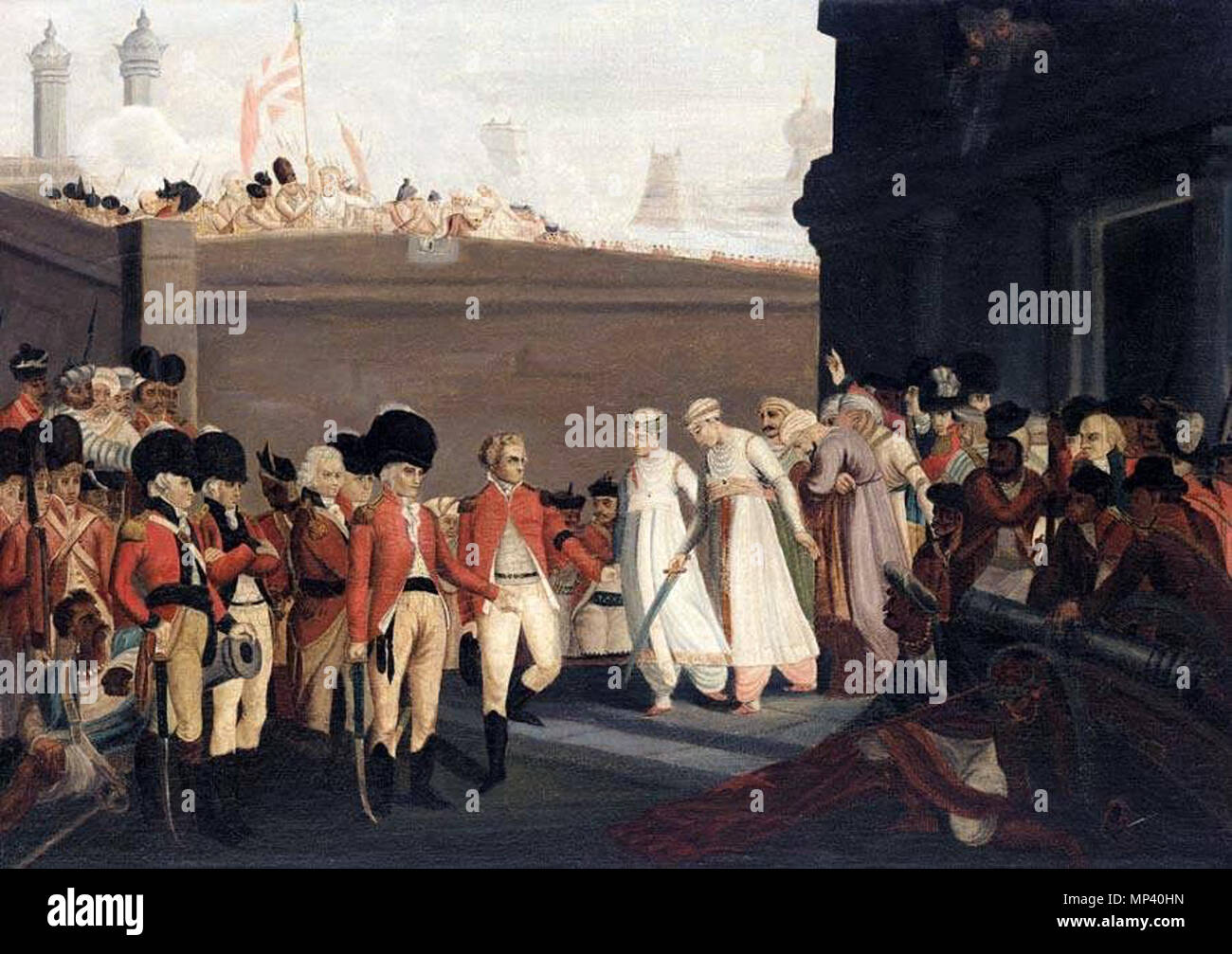 . Inglese: "La rinuncia dei due figli di Tippoo Sultaun,' una copia da un artista persiano di un dipinto di Henry Singleton Fonte: http://search.sothebys.com/jsps/live/lot/LotDetail.jsp?lot id=4FGKJ scaricato (Maggio 2005) ' LA RINUNCIA DI TIPU I DUE FIGLI come ostaggi DOPO LA PITTURA DI HENRY SINGLETON, QAJAR, Persia, XIX SECOLO. Questa intrigante dipinto da un artista Qajar dopo Henry Singleton del dipinto della rinuncia dei due figli di Tippoo Sultaun a Sir David Baird è simile in scala e di esecuzione per la partita precedente a questo tipo di vendita. Sarebbe possibile suggerire che l'artista di corte ' Foto Stock