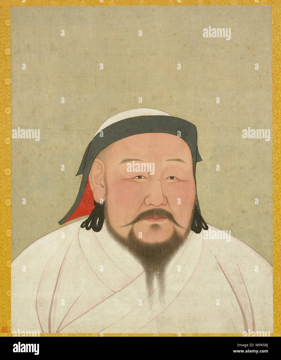Kublai Khan come il primo imperatore Yuan, Shizu. Dinastia Yuan (1271-1368). Album Leaf, inchiostro e colore su seta. Il National Palace Museum di Taipei, 000324-00003. Foto © National Palace Museum di Taipei. AAM Imperatori tesori Kublai Khan EX2016.3.24 1279 YuanEmperorAlbumKhubilaiPortrait Foto Stock