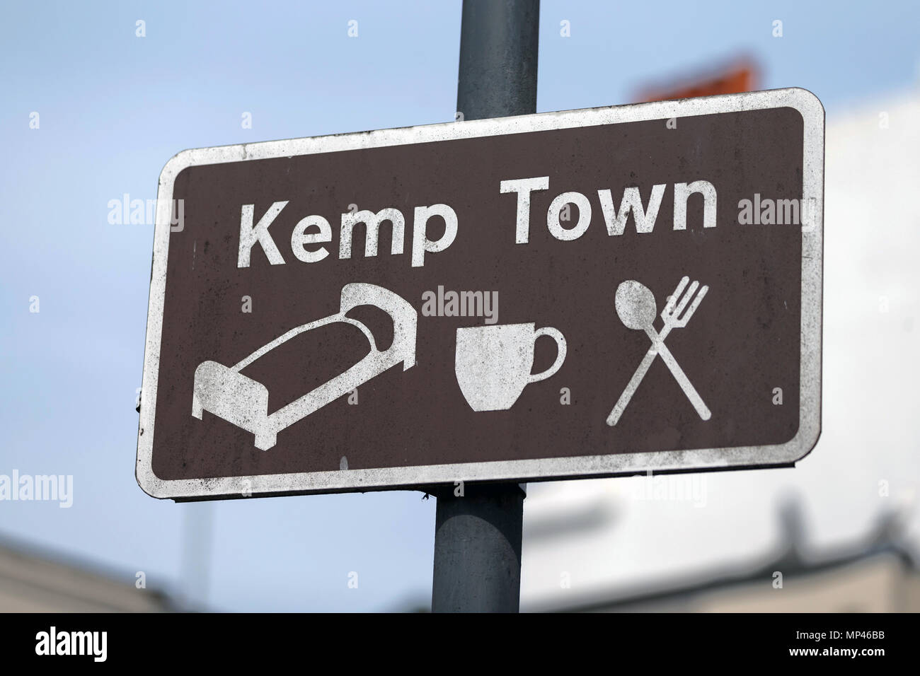Un segno per Kemp Town (Kemptown) in Brighton, East Sussex, Regno Unito. Foto Stock