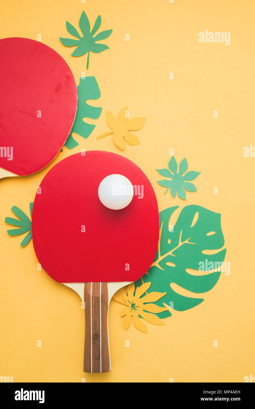 Ping pong racchette e pallina con foglie tropicali. Estate di sport e ricreazione laici piatta su un soleggiato sfondo giallo con copia spazio. Foto Stock