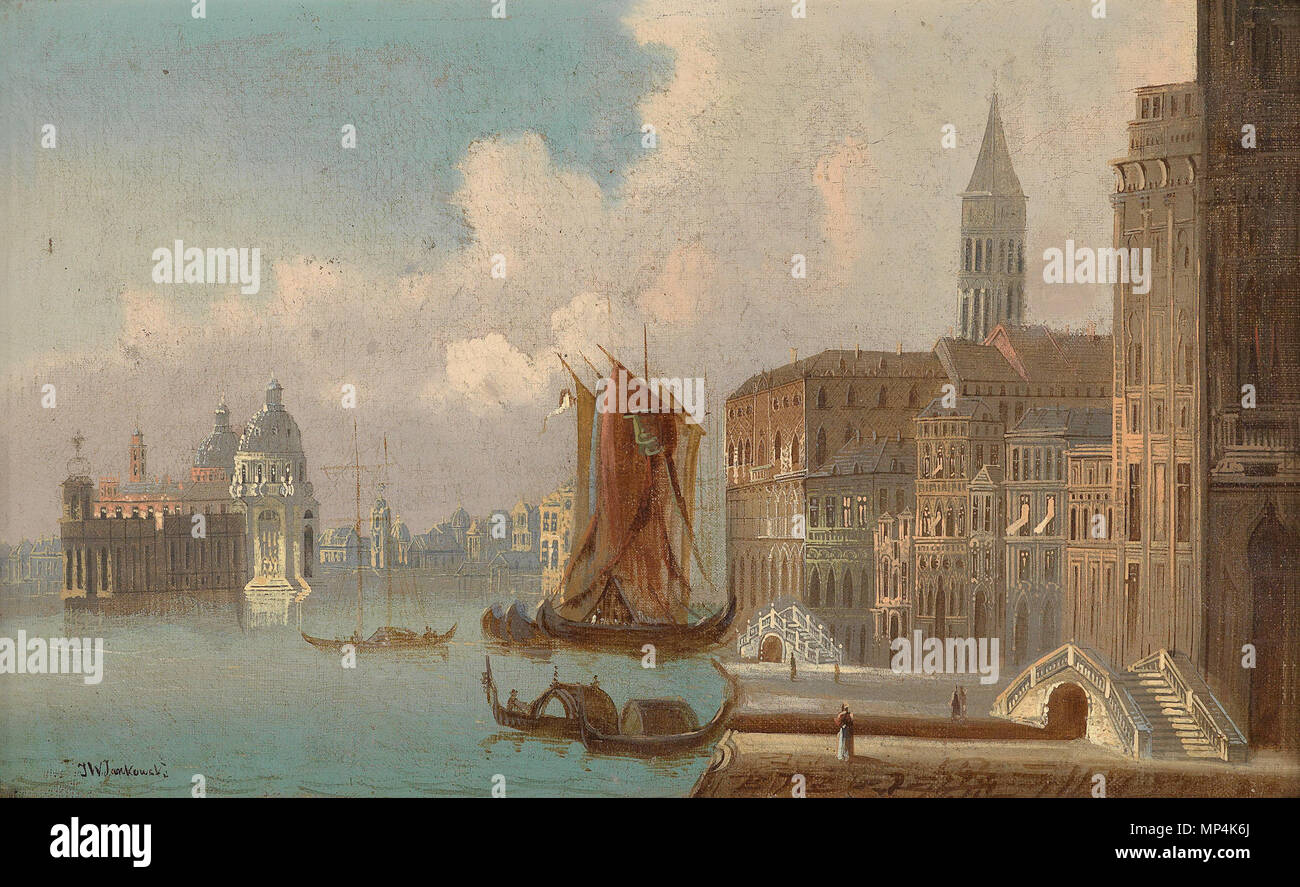 . Partie aus Venedig, signiert J. W. Jankowsky, Öl auf Leinwand auf Karton, 26 x 41 cm . dal 1870. J. Wilhelm Jankowsky (1825-1870) 680 J Wilhelm Jankowsky Partie aus Venedig Foto Stock