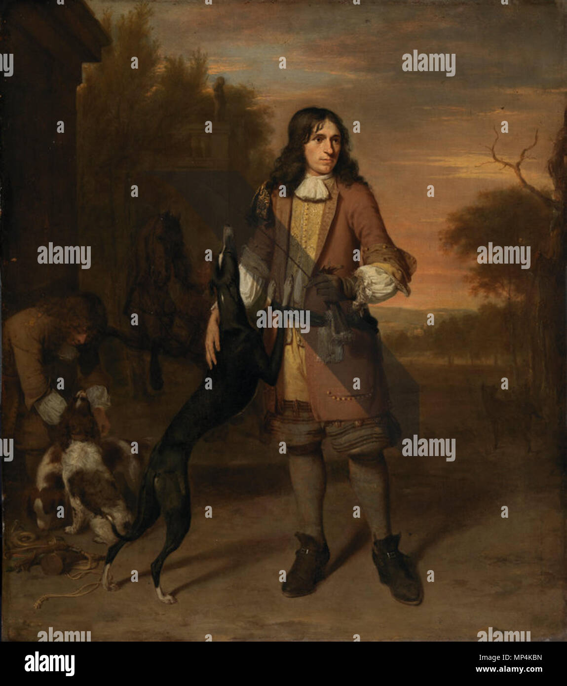 Un dipinto ad olio, a piena lunghezza Ritratto di un uomo come cacciatore, un cane salto accanto a lui un altro uomo con i cani dietro di lui sulla sinistra. 61 705 Jan Verkolje (MI) - Ritratto di un uomo come un cacciatore Foto Stock