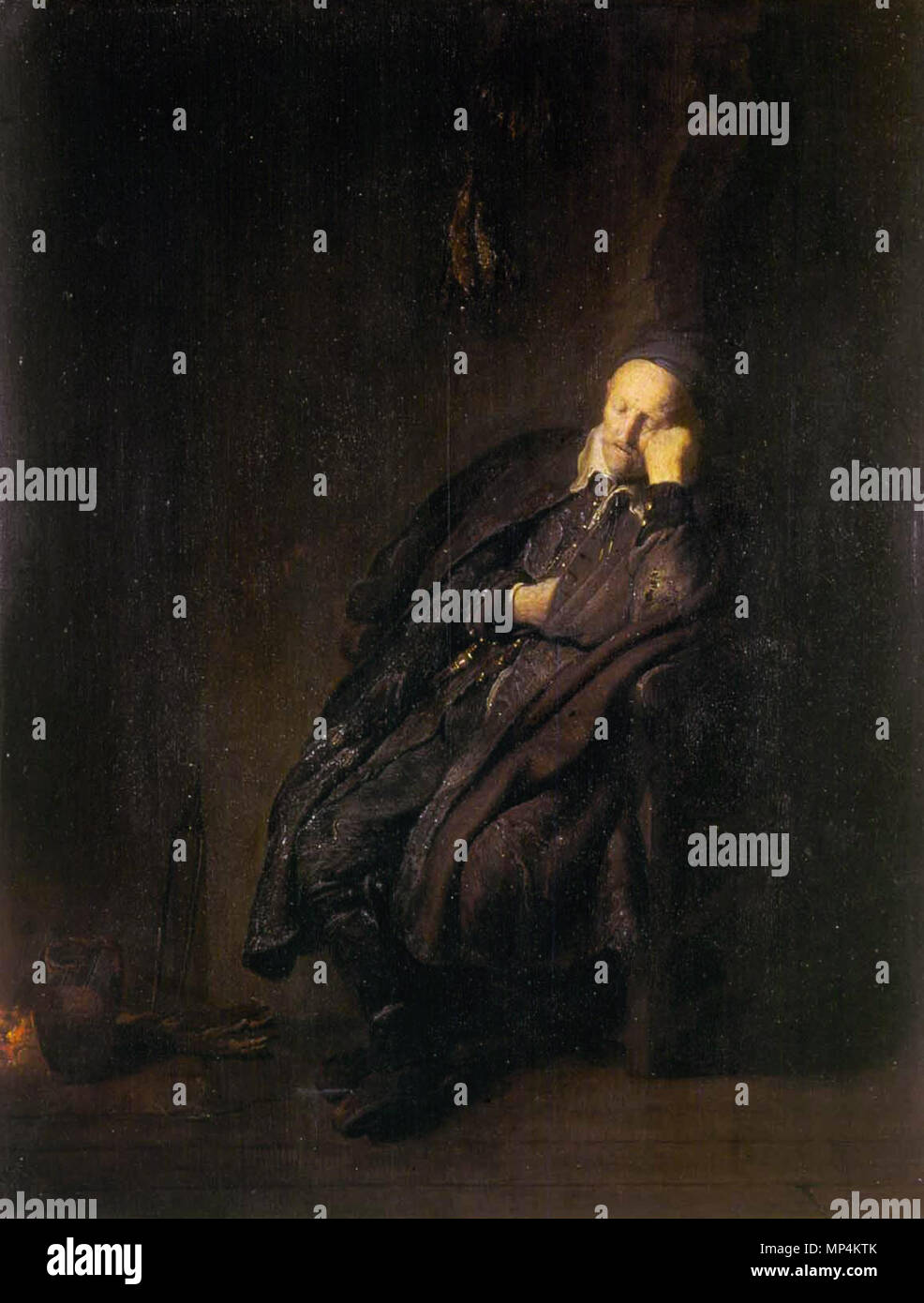 Il vecchio uomo addormentato in un incendio *olio su pannello *51,9 × 40,8 cm *inscritto b.r.: PL. [..]29 vecchio uomo addormentato in un incendio 1052 Rembrandt van Rijn, Een oude uomo slapend bij het vuur, mogelijk 'De Luiheid', 1629, Galleria Sabauda, Torino Foto Stock