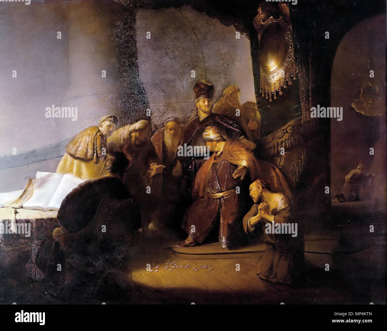 Giuda, repentent, riportando i pezzi di argento *olio su pannello *79 x 102,3 cm *firmato c.r.: RL. 1629 Giuda, repentent 749 Giuda riportando il trenta pezzi d'argento - Rembrandt Foto Stock