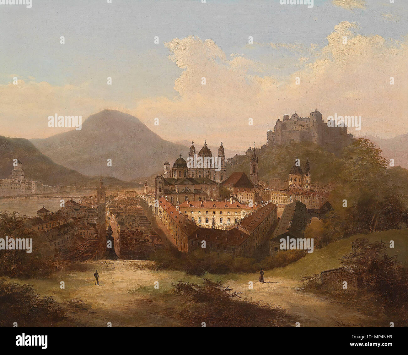 . Blick auf Salisburgo (im Vordergrund die Alte Universität), signiert J. W. Jankowski, Öl auf Leinwand, 55 x 68 cm . dal 1870. J. Wilhelm Jankowsky (1825-1870) 680 J Wilhelm Jankowsky Blick auf Salzburg Foto Stock