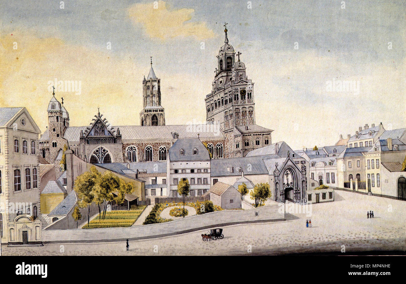 . Inglese: Vista di Keizer Karelplein a Maastricht Paesi Bassi con la chiesa di San Servatius visto da nord. Acquerello di Philippus van Gulpen, ca 1839. 7 marzo 2013, 22:16:18. Philippus van Gulpen (1792-1862) 838 Maastricht, Keizer Karelplein, Ph v Gulpen, ca1839 Foto Stock