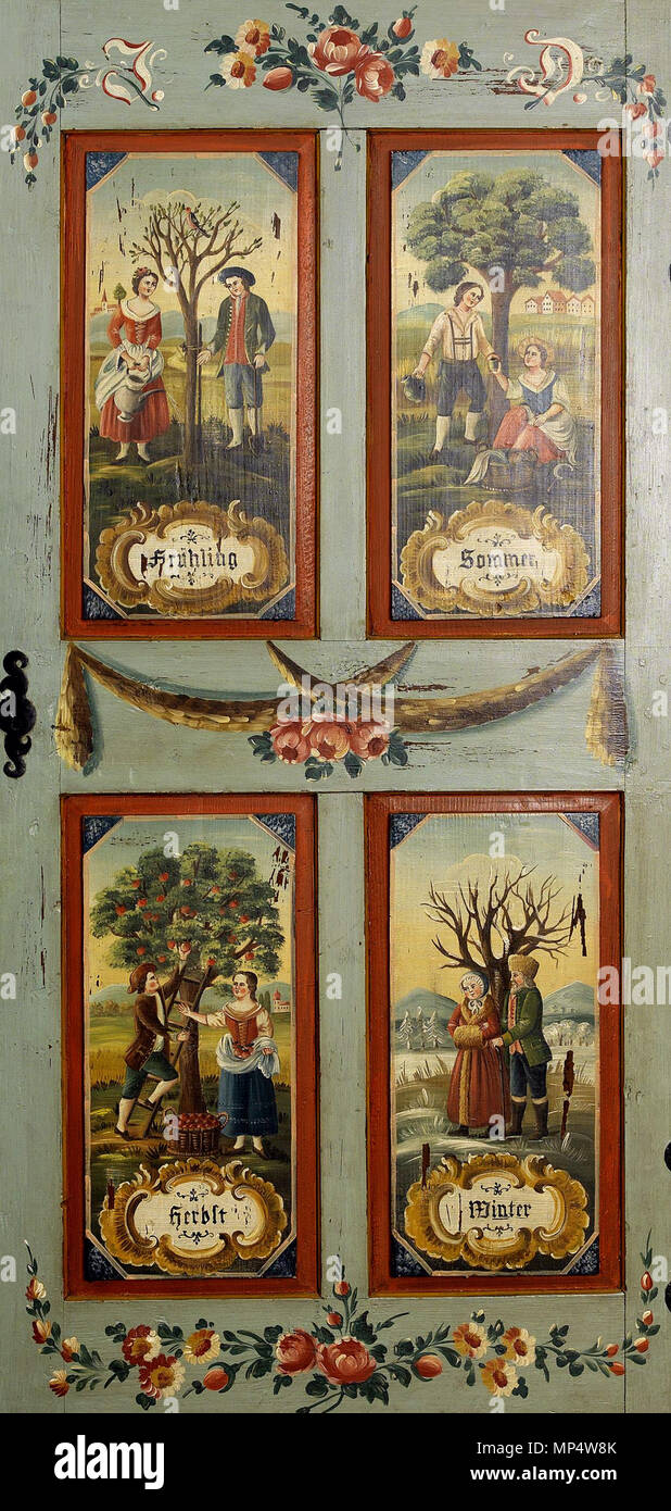 Bild 1580 . Bauernschrank (Vierjahreszeitenkasten), 18. oder 19. Jh., Szenen mit der Vier Jahreszeiten bemalt, Bemalung restauriert, dettaglio: Vier Jahreszeiten . Xviii secolo o del XIX secolo. Anonimo 1234 Vierjahreszeitenkasten dettaglio Foto Stock