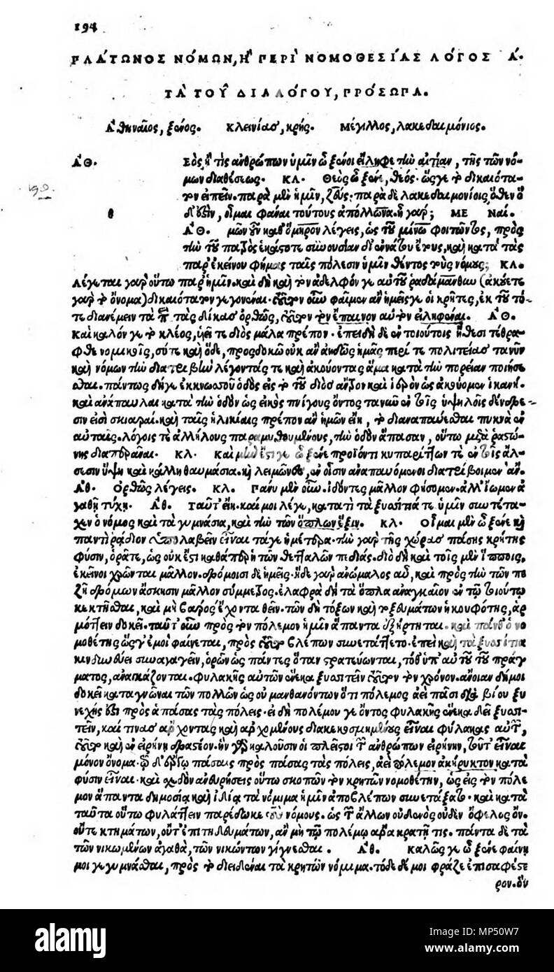 . Inglese: Nomoi io inizio. Editio princeps, Venezia 1513. Deutsch: Nomoi I, Anfang. Editio princeps Venedig 1513. 1513. Plato (-427--347) nomi alternativi Platon; Bolatu; Platonas; Platone; Aplaton; Aristocles Descrizione filosofo greco e epigrammatist Data di nascita e morte 427 BC 347 BC Luogo di nascita e morte Atene Classica Atene classica autorità controllo : Q859 VIAF: 108159964 ISNI: 0000 0001 2096 469X ULAN: 500248317 LCCN: N79139459 NLA: 35425332 WorldCat 932 Nomoi io inizio. Editio princeps Foto Stock