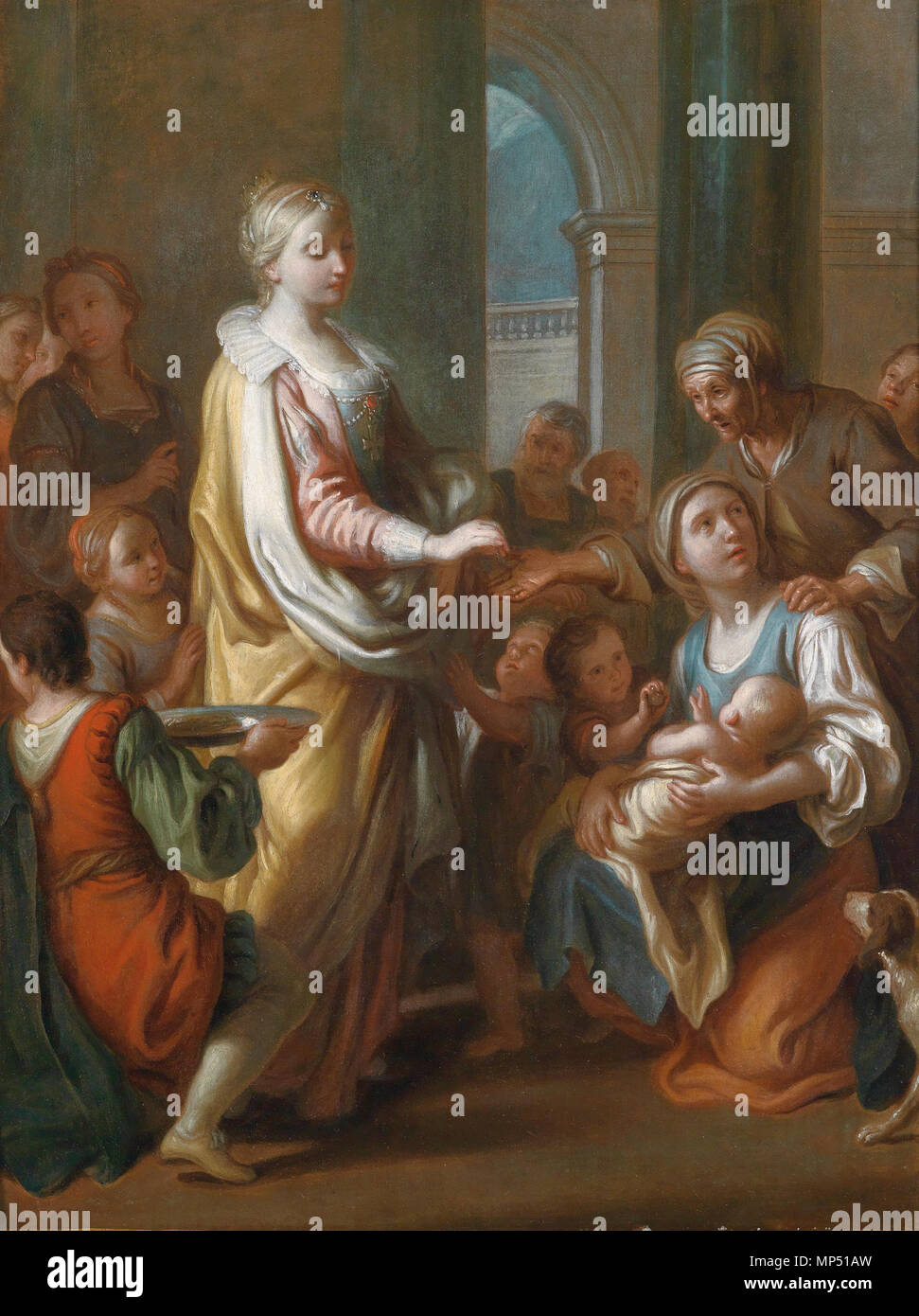 . Die Heilige Elisabeth verteilt Almosen, Öl auf Leinwand, 50 x 35,5 cm . dal 1762. Pietro Rotari (1707-1762) nomi alternativi Pietro Antonio Rotari Descrizione pittore italiano e printmaker Data di nascita e morte 30 Settembre 1707 31 agosto 1762 Luogo di nascita e morte Verona San Pietroburgo sede di lavoro Verona, Venezia, Roma, Napoli, Dresda, Vienna, Monaco, San Pietroburgo Autorità controllo : Q1361950 VIAF: 71662893 ISNI: 0000 0001 2139 0413 ULAN: 500013152 LCCN: nr91043035 WGA: ROTARI, Pietro Antonio WorldCat 998 Pietro Rotari Hl Elisabeth verteilt Almosen Foto Stock