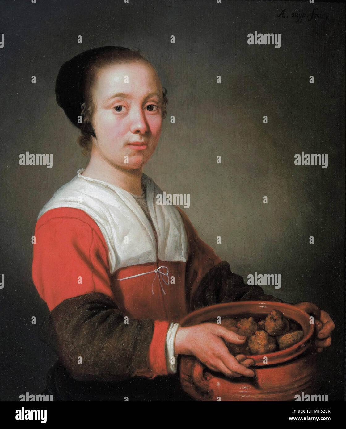 Fanciulla tenendo una pentola piena di gnocchi *olio su pannello *40 x 34 cm *firmato t.r.: A.cuyp. Fecit *1650 - 1655 fanciulla tenendo una pentola piena di gnocchi di patate, da Aelbert C 880 Meid incontrato oliebollen, porta Aelbert Cuyp Foto Stock