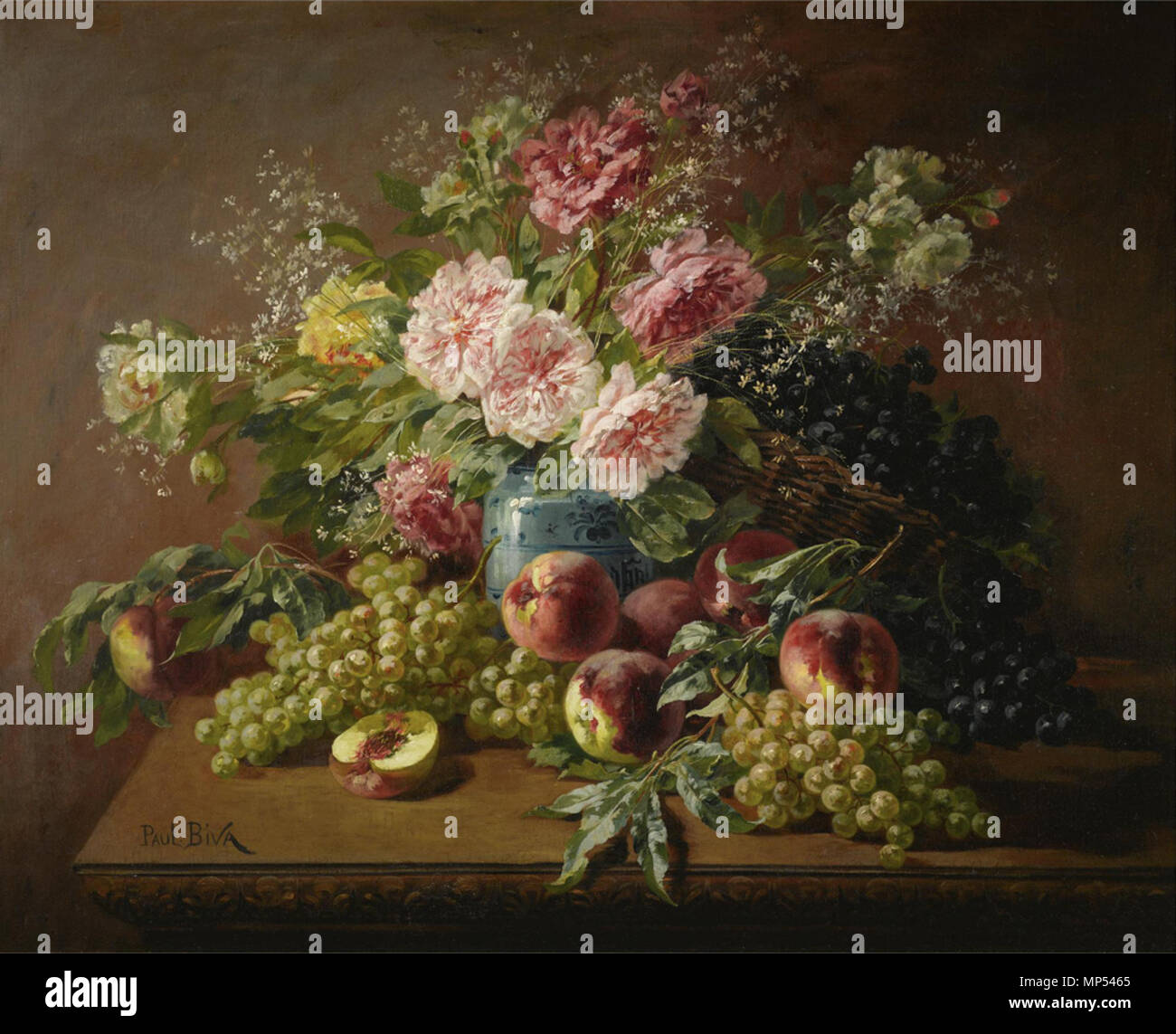 Inglese: ancora in vita con fiori, pesche e uva . 964 Paolo Biva, still life con fiori, pesche e uva, olio su tela 81,2 x 101 cm Foto Stock