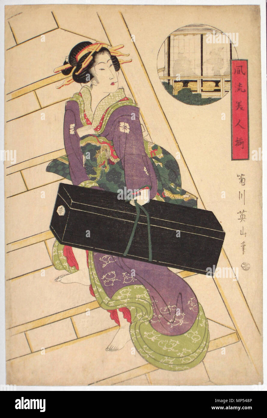 . Inglese: Kikugawa EIZAN (1787-1867). Una bellezza salendo una rampa di scale con un grande nero shamisen caso da un set: Furyu bijin soroi, una "raccolta di bellezze alla moda". Tra il 1787 e il 1867. Kikugawa Eizan 765 Kikugawa Eizan - bijin Furyu soroi Foto Stock
