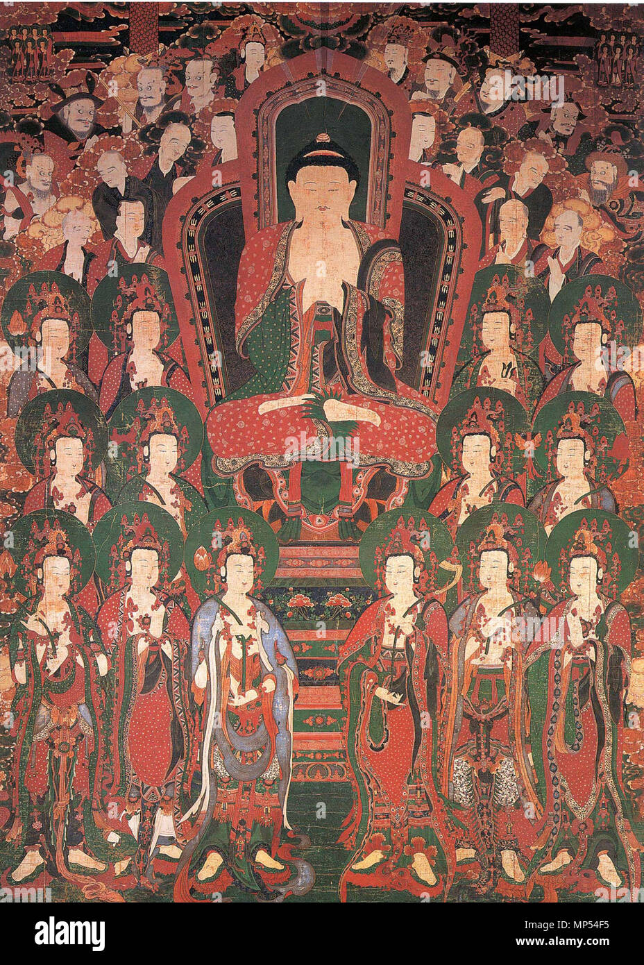 . 한국어: 비로자나후불도(毘盧遮那後佛圖), 대한민국 보물 제1042호 통도사대광명전삼신불도 (通度寺大光明殿三身佛圖) 중 하나 Inglese: Pittura di Vairocana Buddha, uno della pittura del Buddha dei tre corpi a Daegwangmyeongjeon Hall di Tongdosa, Tesoro della Corea del Sud n. 1042 . 1759. 임한, 하윤 953 pittura del Buddha dei tre corpi a Daegwangmyeongjeon Hall di Tongdosa 01 Foto Stock