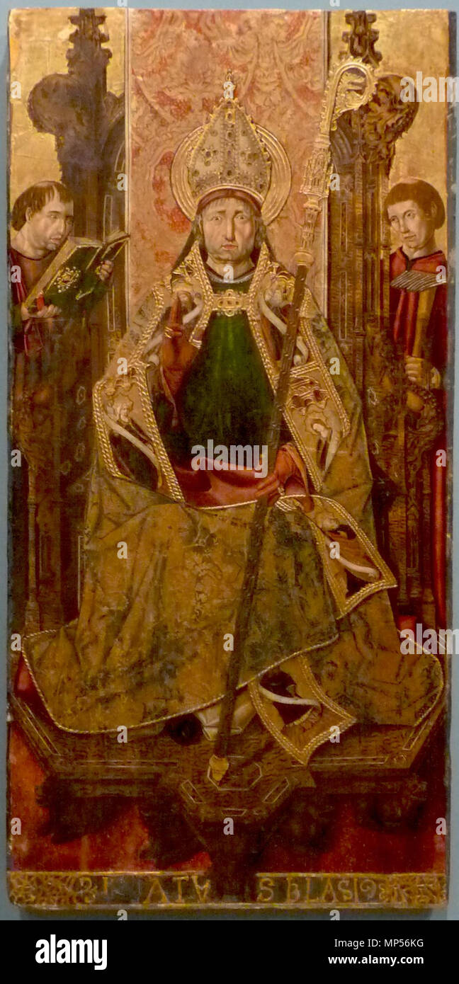 San Blas . Español: La obra rappresentanouna al obispo San Blas sentado en onu trono junto al que se hallan diáconos dos. . Circa 1480. 1281 Zaragoza - Museo - San Blas Foto Stock