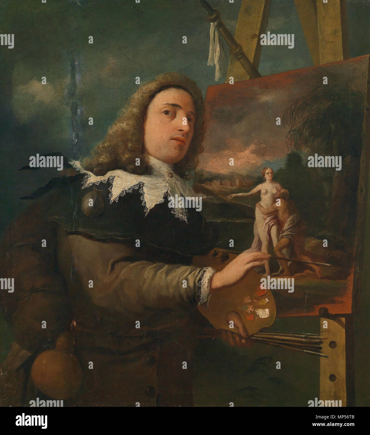 . Bildnis oder Selbstbildnis eines Malers an der Staffelei, Lombardische Schule, Anfang 18. Jahrhundert; Öl auf Leinwand, 108 x 98 cm . Il XVIII secolo. Anonimo 846 Maler an der Staffelei Lombradei 18JH Foto Stock