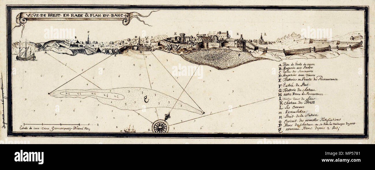 . Français : Vue de Brest en rade et plan du banc 1689. Piano Ce à vocazione marine donne les différents amers et les alignements permettant de situer le banc de sable situé devant l'entrée de la Penfeld. Il 4 maggio 1689. Laine, pilote 1246 Vue de Brest en rade et plan du banc 1689 Foto Stock