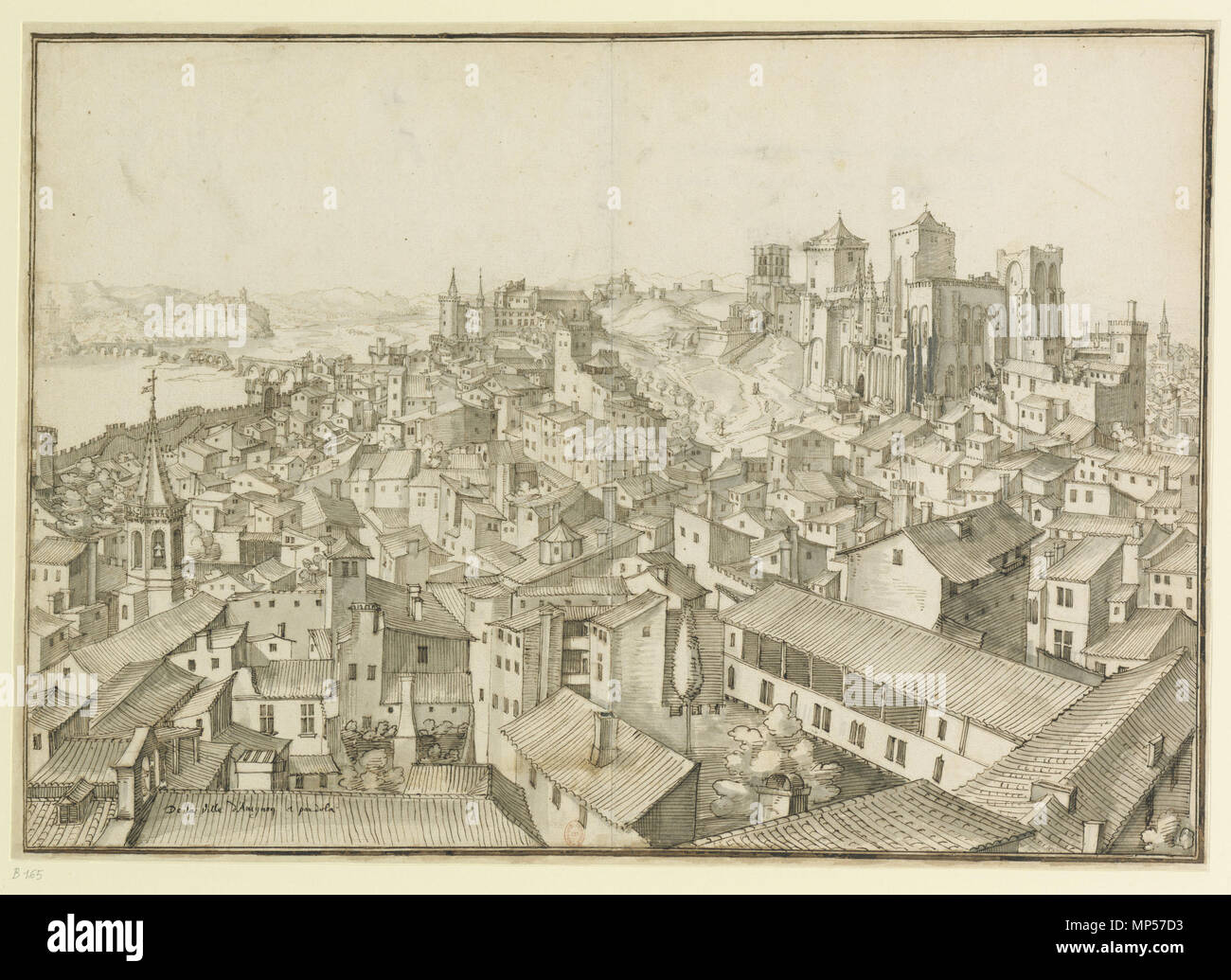 De la Ville d'Avignon et par dela : Veüe de la Ville d'Avignon et des dintorni . Inglese: vista dalla torre del municipio (Tour du jacquemart, originariamente parte di Livrée d'Albano) guardando a nord oltre i tetti della città di Avignone. Il Palais des Papes è in alto a destra, la rovina di Pont Saint-Bénézet è in alto a sinistra. . Non datato. (1608, 1609 o 1617 - vedere Note). 864 Martellange Avignon 165 Foto Stock