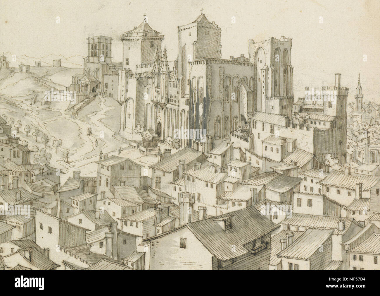 De la Ville d'Avignon et par dela : Veüe de la Ville d'Avignon et des dintorni . Inglese: Dettaglio di un grande disegno che mostra il Palazzo dei Papi di Avignone. . Non datato. (1608, 1609 o 1617 - vedere Note). 864 Martellange dettaglio Avignon Palais des Papes Foto Stock