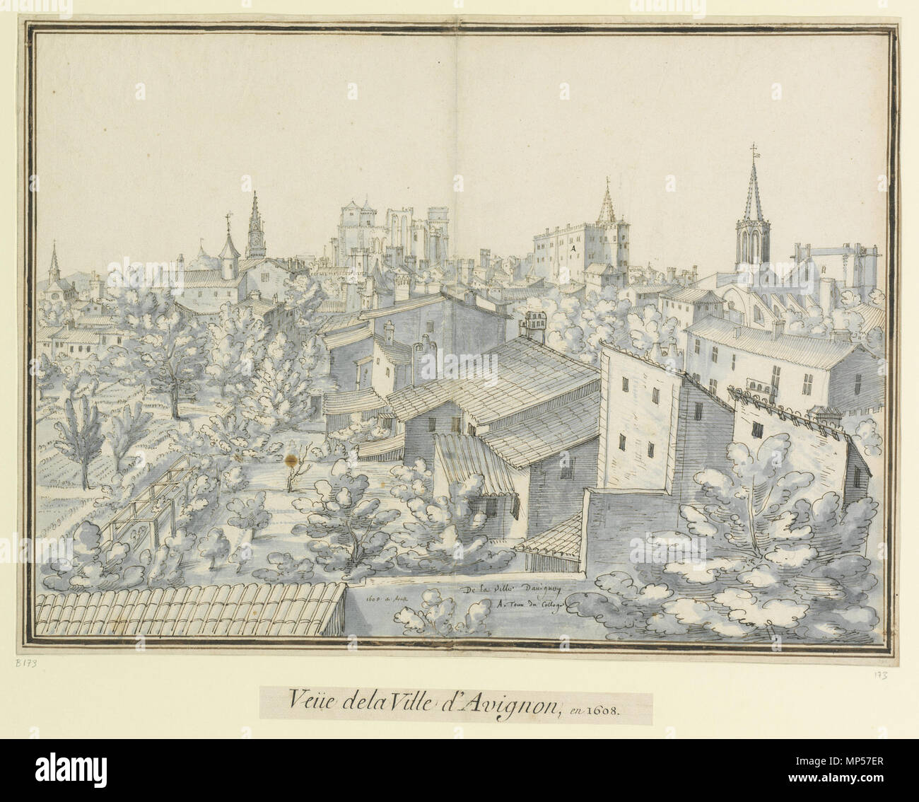 De la Ville Davignon // A. tour du College // 1608 en Aoust : Veüe de la Ville d'Avignon, en 1608 . Inglese: Vista di Avignon guardando a nord dalla torre del gesuita noviciat di Saint-Louis verso il Palais des Papes. . 1608 (datata da Martellange al centro inferiore: Agosto 1608). 864 Martellange 1608 Avignon 173 Foto Stock