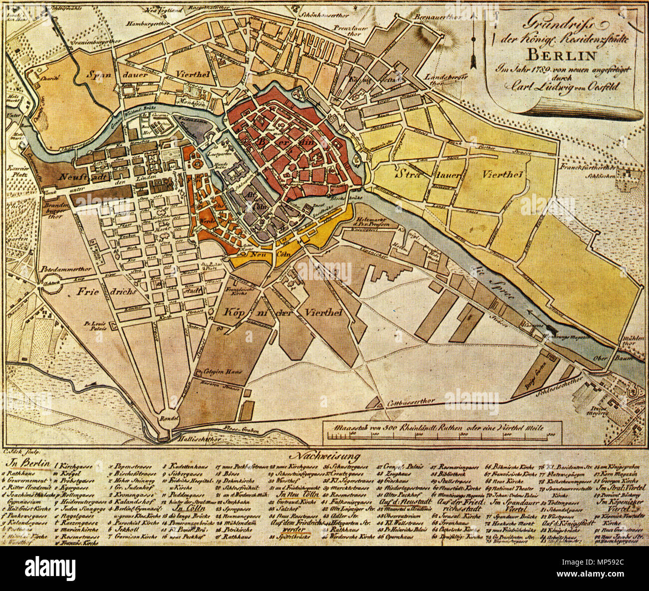 . Deutsch: Grundriss der Königlichen Residenzstädte Berlin im Jahr 1789, kolorierter Kupferstich. Formato: 17,0 x 24,7 cm. Inglese: Mappa della sede del potere reale di Berlino dal 1789, colorato di incisione su rame. 1789. Geheimrat Carl Ludwig von Oesfeld 850 Mappa de Berlin 1789 Foto Stock