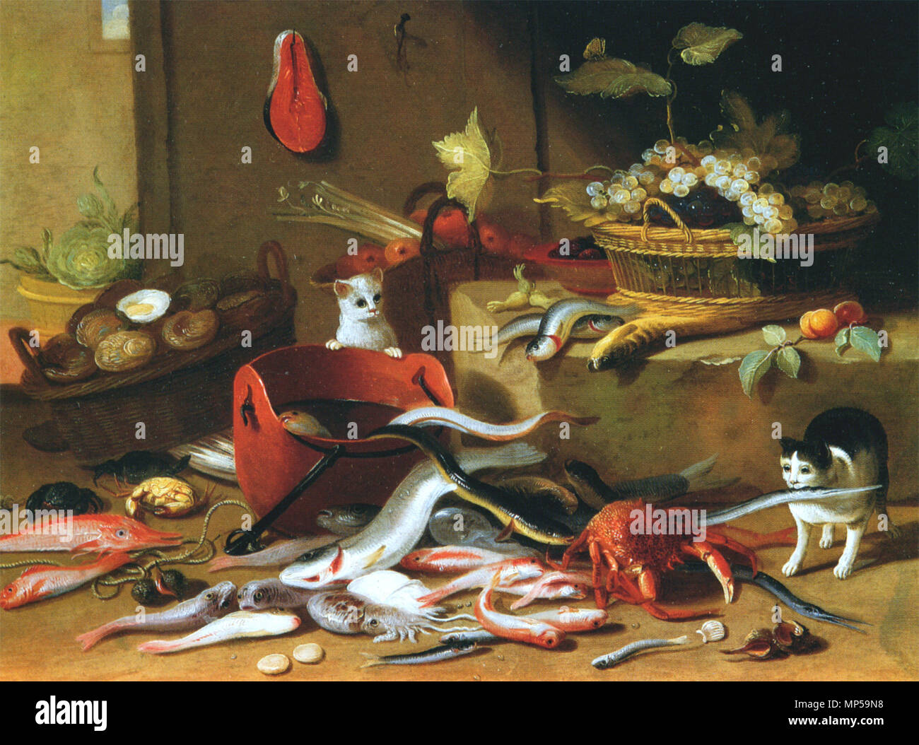 Inglese: gatti con ancora una vita di animali marini, frutta e verdura Français : Deux chats jouant avec du Poisson 1665-1679. 1148 Studio di Jan van Kessel I - Gatti con still life Foto Stock