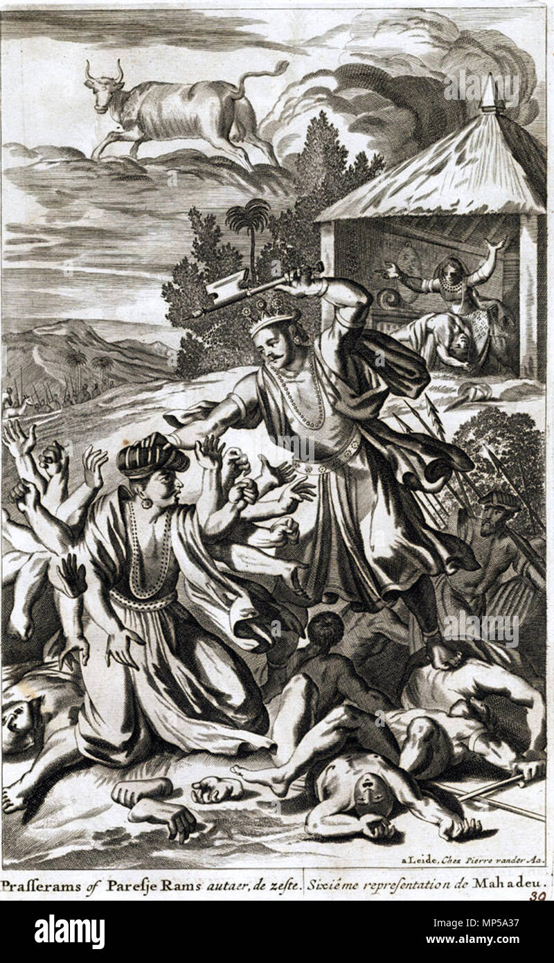 . Inglese: i dieci avatar di Vishnu, secondo Pieter van der Aa, in " La Galerie gradevole du Monde (...).Tome premier Des Indes Orientales.', pubblicato da P. van der Aa, Leyden, c. 1725 (*Il titolo pagina*): Avatar *uno*; *due* (mostrata sopra); *3*; *quattro*: *5*; *Sei*; *7*; *8*; *9*; *dieci*; . 1725. P. van der Aa, 960 Parashurama Avatara Foto Stock