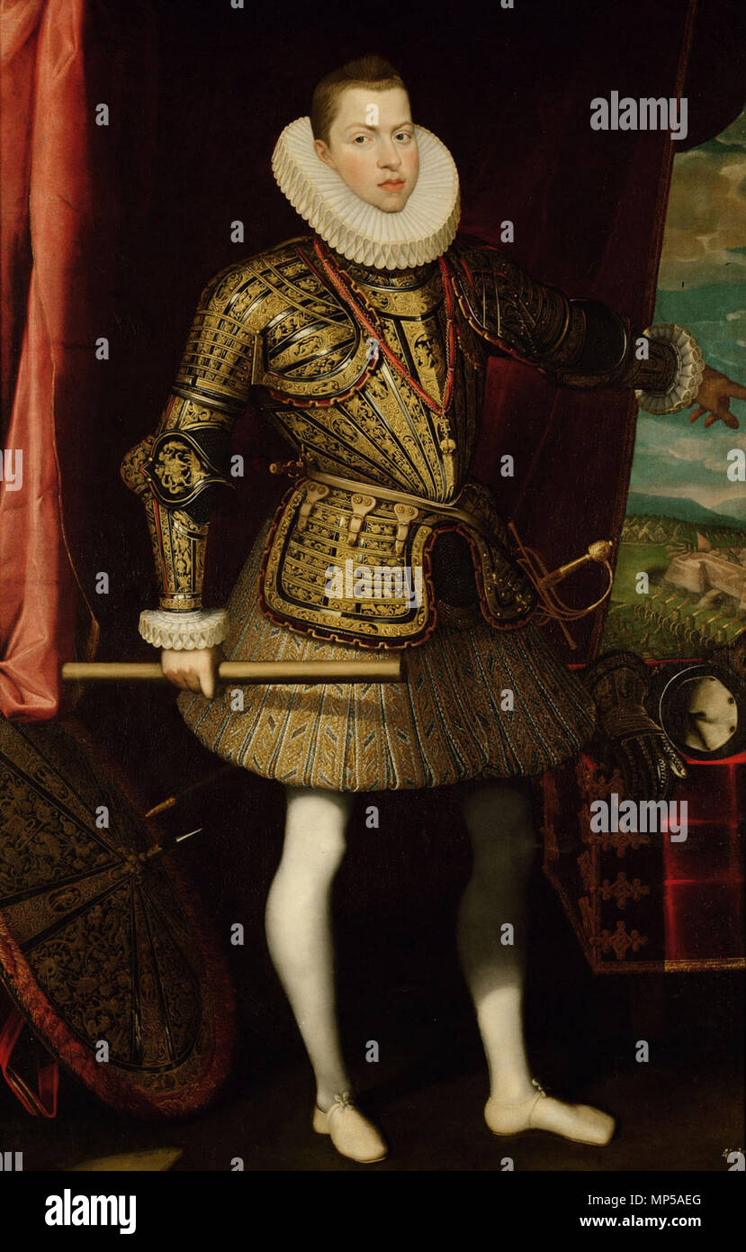 Deutsch: König Philipp III.(1578-1621) von Spanien, Bildnis in ganzer figura als General der Infanterie (Im Hintergrund: Die Belagerung von Ostende 1601-1604) Deutsch: um 1601/1602 . 748 Juan Pantoja de la Cruz 001 Foto Stock