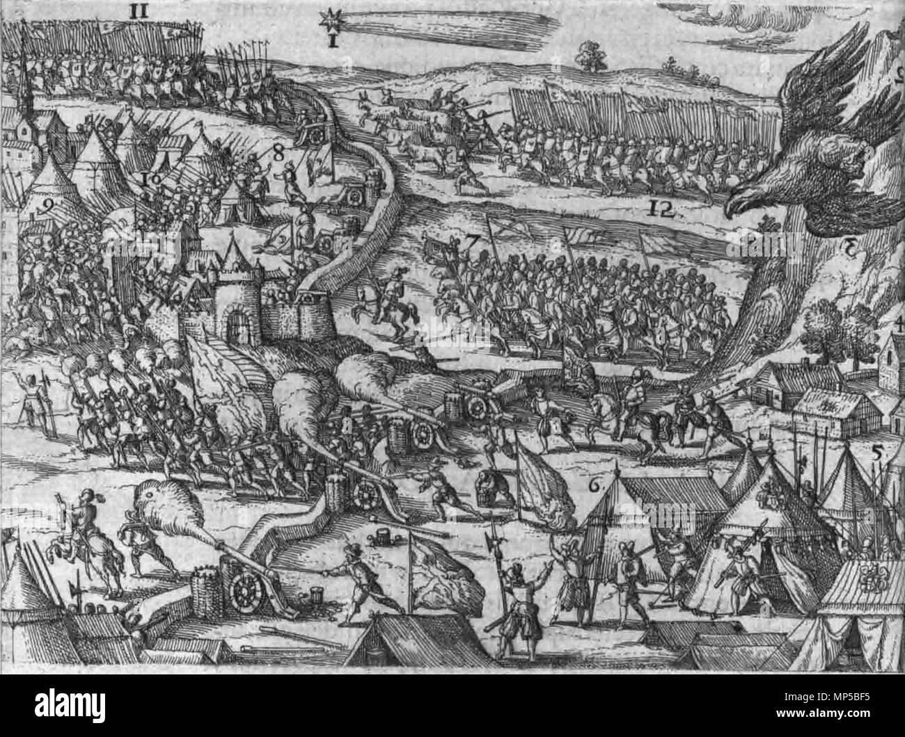 Sibiu 1595 . Inglese: Michael Brave sconfiggendo i turchi in Târgovişte, ottobre 1595. Pubblicato in Pannoniae historiae chronologica, pagg. 112-113, 1596 Latina: Cometa nouus sereno coelo apparens. Rupes populariter Lapis regius (der Königſtein) dicta, de qua se Aquila volatu demiſit. Aquila viribus & mole corporis praecellens. Pagus qui primus in Valacchia occurrit. Caſtra Principis Tranſyluani. Tentorium eiuſdem. Exercitus Tranſyluani. Vrbs & arx Tergouiſta. Milites Tranſyluani expugnant Tergouiſtam. Sinanis Baſſae tentorium & castra. Sinan bassa sua fuga deferens Tergouiſtam contendit. Foto Stock