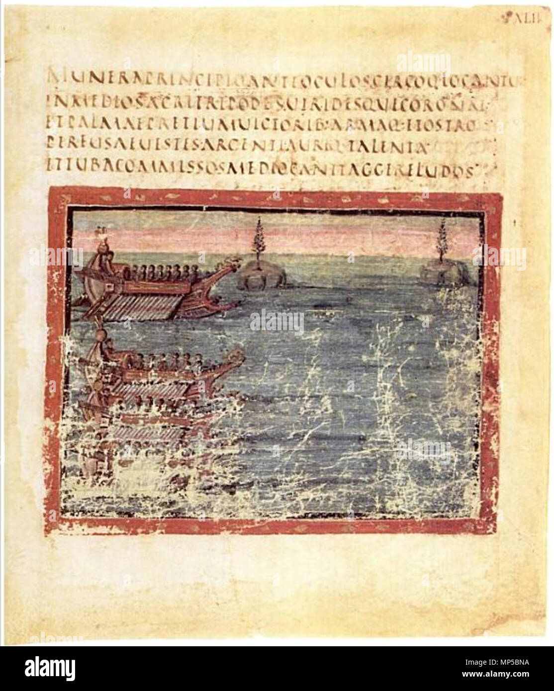 Français : Vergilius Vaticanus, Chant V de l'Énéide, le départ des bateaux pour la corso. circa 400. 1229 Vergilius Vaticanus - BAV Lat.3225 - F42 - inizio della gara di nave Foto Stock