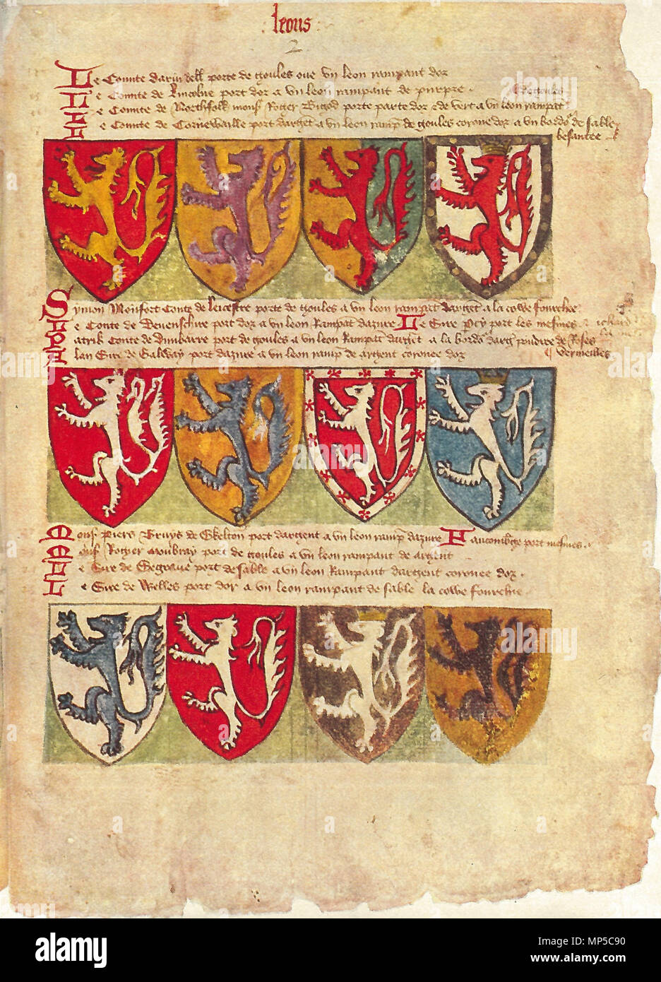 . Inglese: Pagina da Thomas Jenyns' libro, un ordinario di bracci compilato in c.1398: British Library add. 40851 ms. La pagina mostra 12 stemmi ciascuna dotata di un leone rampante come suo principale carica. 14 giugno 2014, 01:49:48. Unknown 1188 Thomas Jenyns prenota Foto Stock